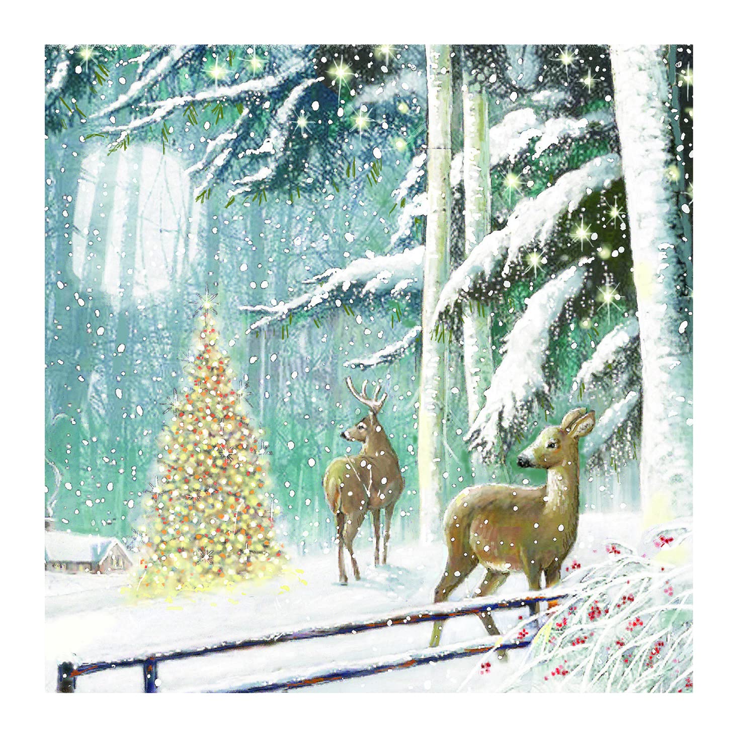 GBCC Ling Design Box of 20 Artistic Charity Christmas Cards, 'Deer Scene', Winter Forest With Christmas Tree & Deer - Image 2