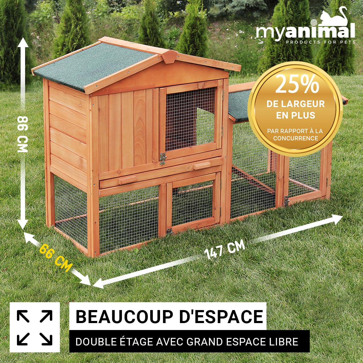 Miweba MyAnimal Clapier Lapin MH-03 | Extra Large avec 66 cm - Maison à Deux étages - Cage pour Lapin - Bois de pin - Polyvalent - Résistant à l'hiver - 2 Niveaux (Brun)