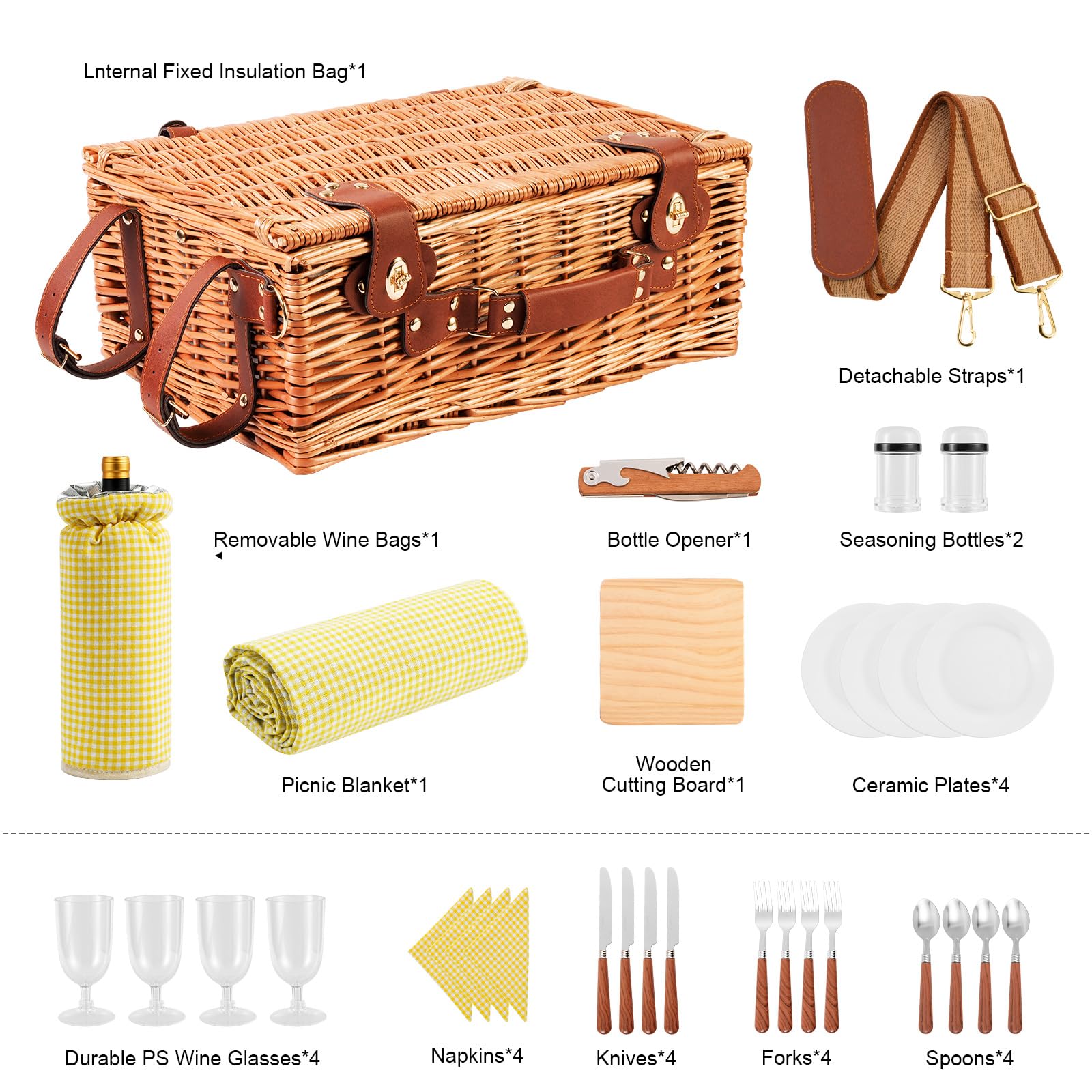 Panier de pique-nique en osier pour 4 personnes avec compartiment isotherme et couverture de pique-nique imperméable, sangle amovible, sac à vin, ensemble de couverts, pour camping, voyage