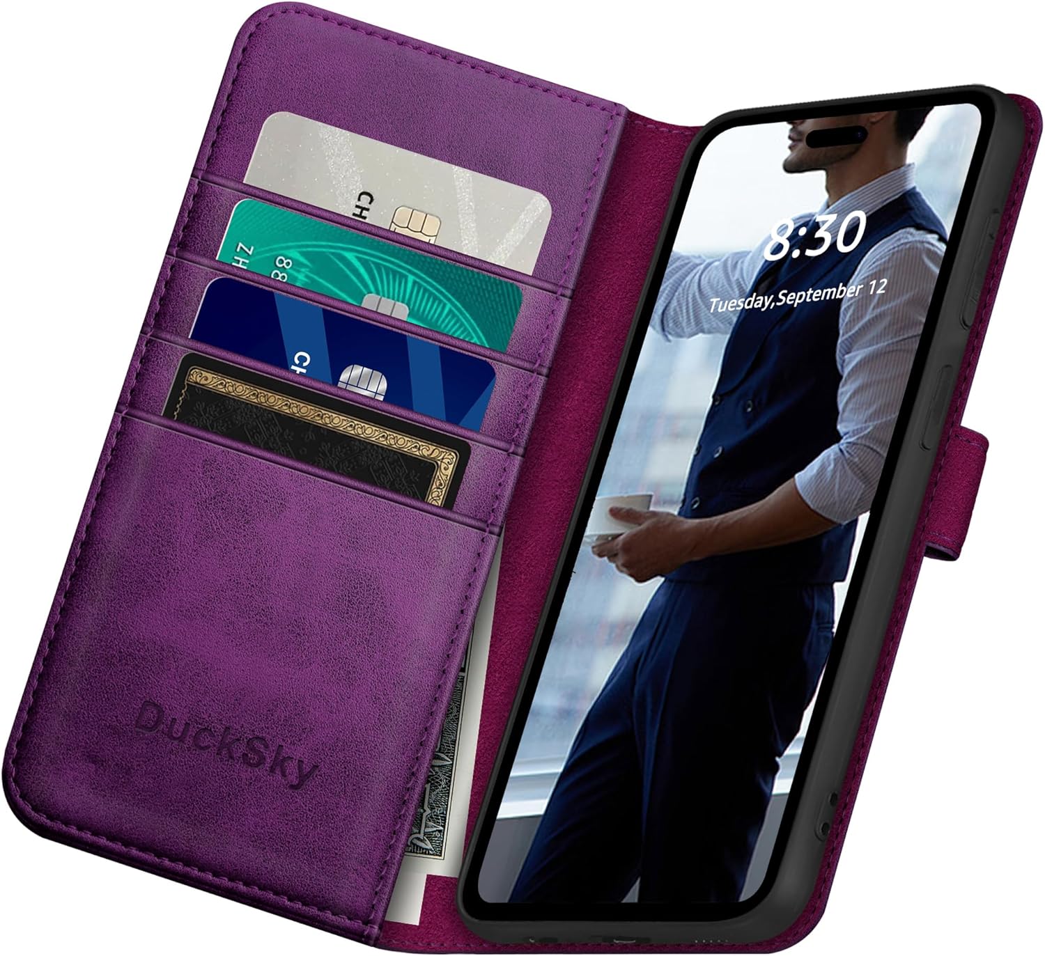 DuckSky Compatible with iPhone 16 6.1" Genuine Leather Wallet case【RFID Blocking】【4 Credit Card Holder】【Real Leather】 Flip Folio Book Phone case Protective Cover Women Men for Apple 16 case Purple