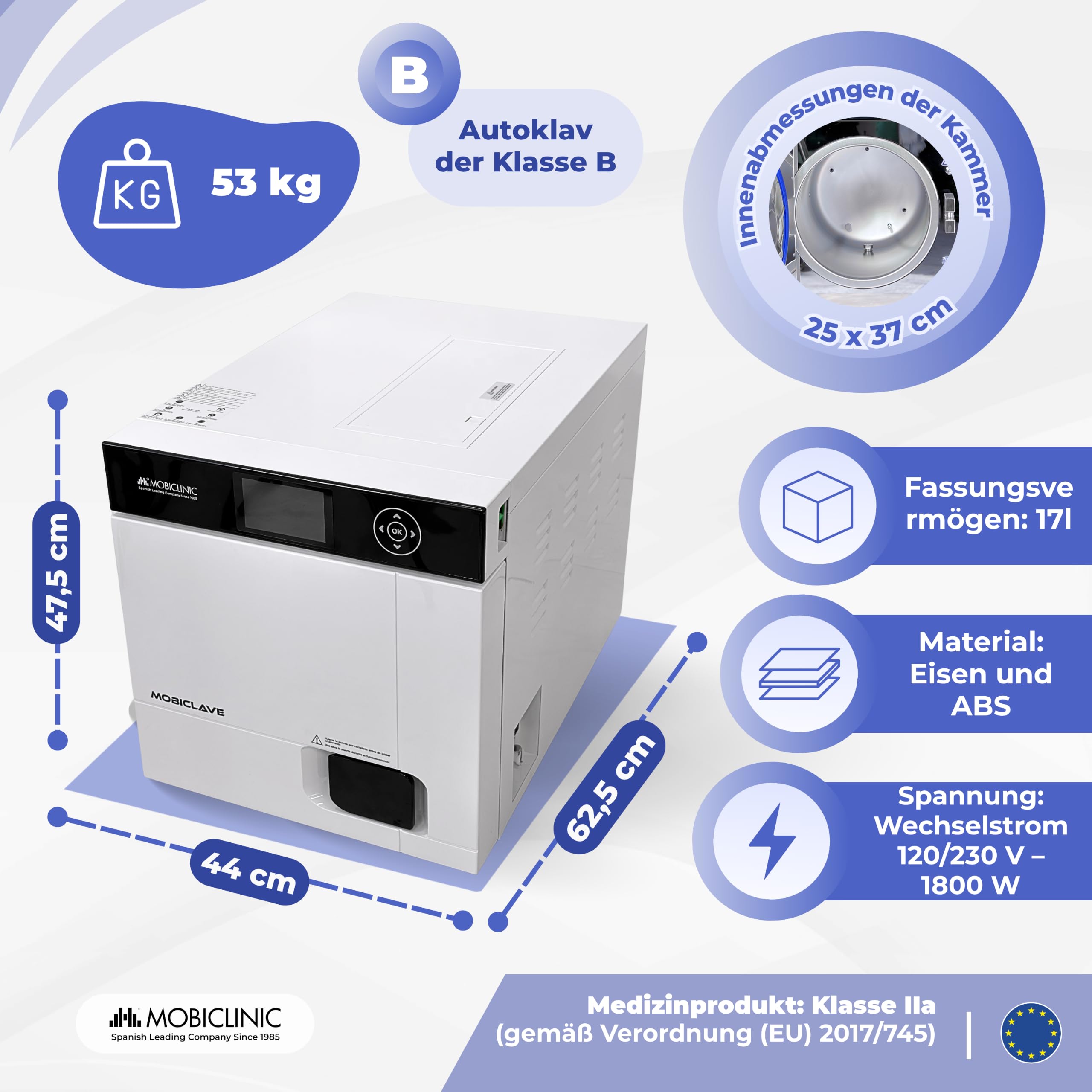 Mobiclinic®, Professioneller Autoklav, 17L Dampf-Autoklav-Sterilisator, 99% Desinfektionsmittel mit 360°-Abdeckung, 6 Zyklen + anpassbar, Drucker, USB, SD, Kliniken und Labore, MobiClave Plus