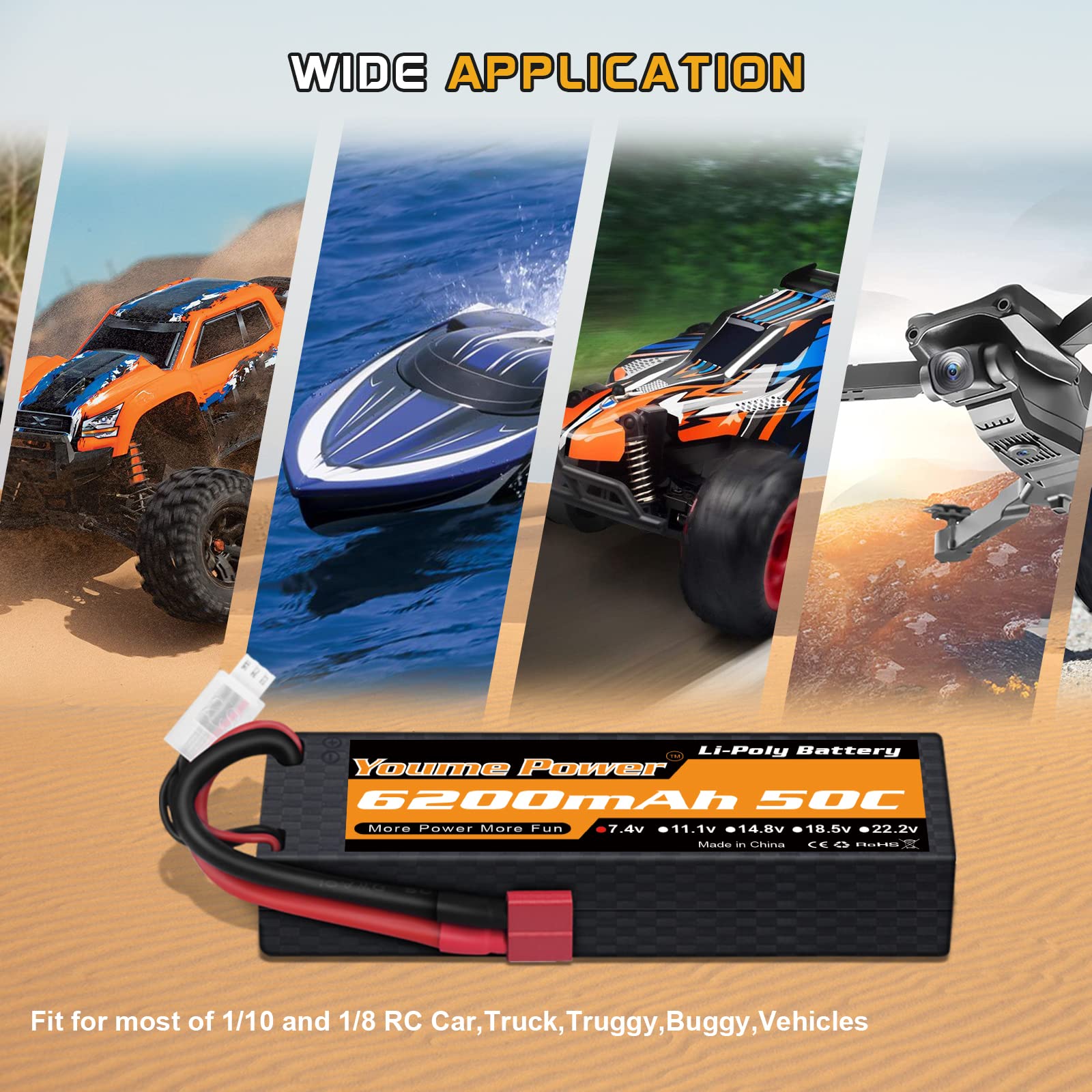 2S Lipo Batteria 6200mAh 50C Batterie Lipo 7,4v RC Hardcase con Connectore Deans T Spina compatibile con Losi 1/8 1/10 RC Auto Camion Veicolo Elicottero Aereo Barca (2 pezzi)