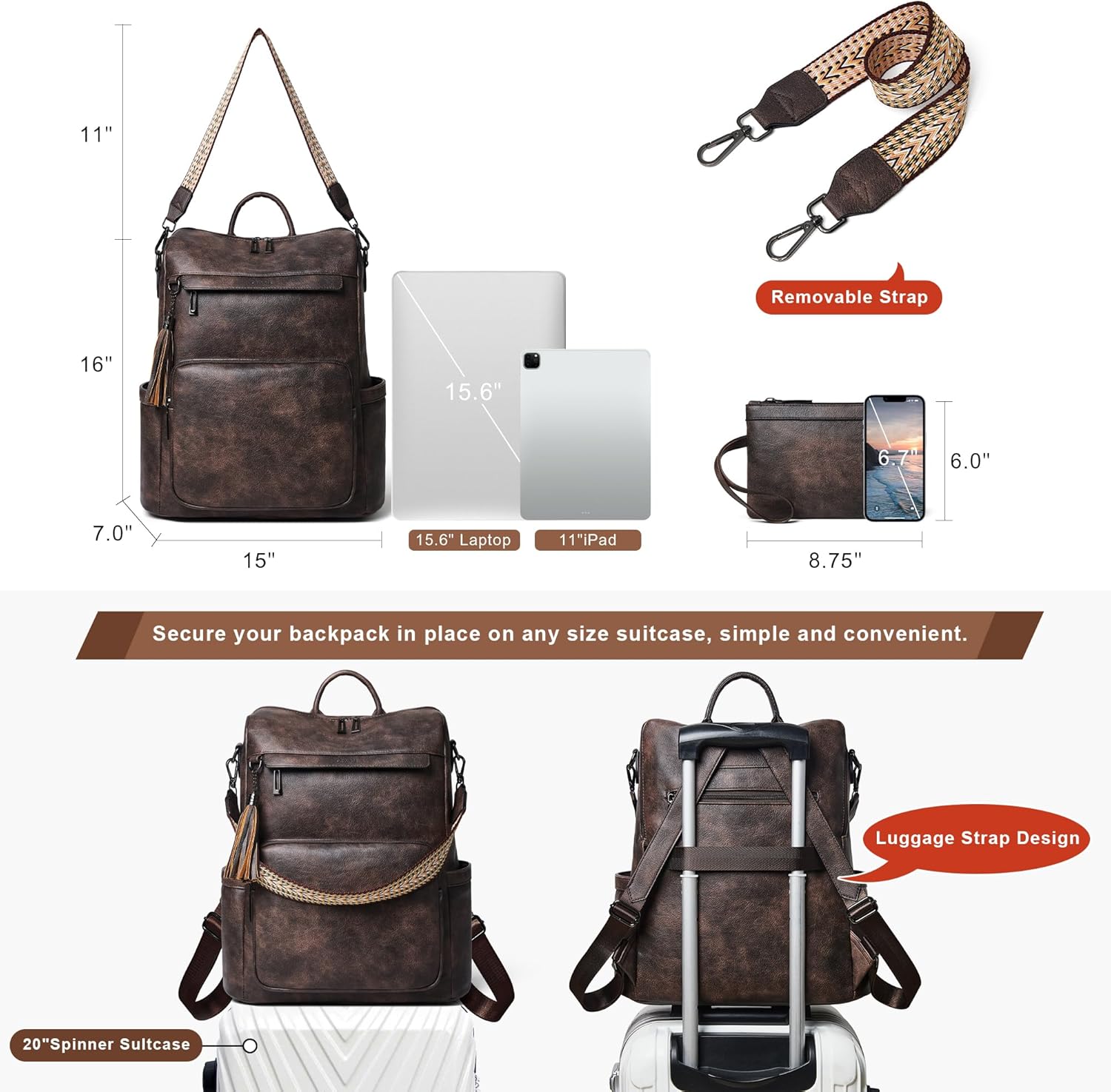 Shrrie Vegan Leather Laptop Backpack for Women 15.6 inch Work Backpack Fashion Travel Backpack Purse for Travel College Work - Image 4