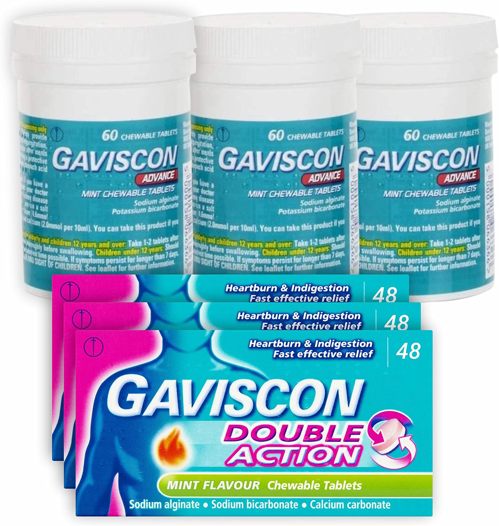 Gaviscon Mint Chewable Tablets 48 and Advance Chewable Tablets Mint-60 (Pack of 3)