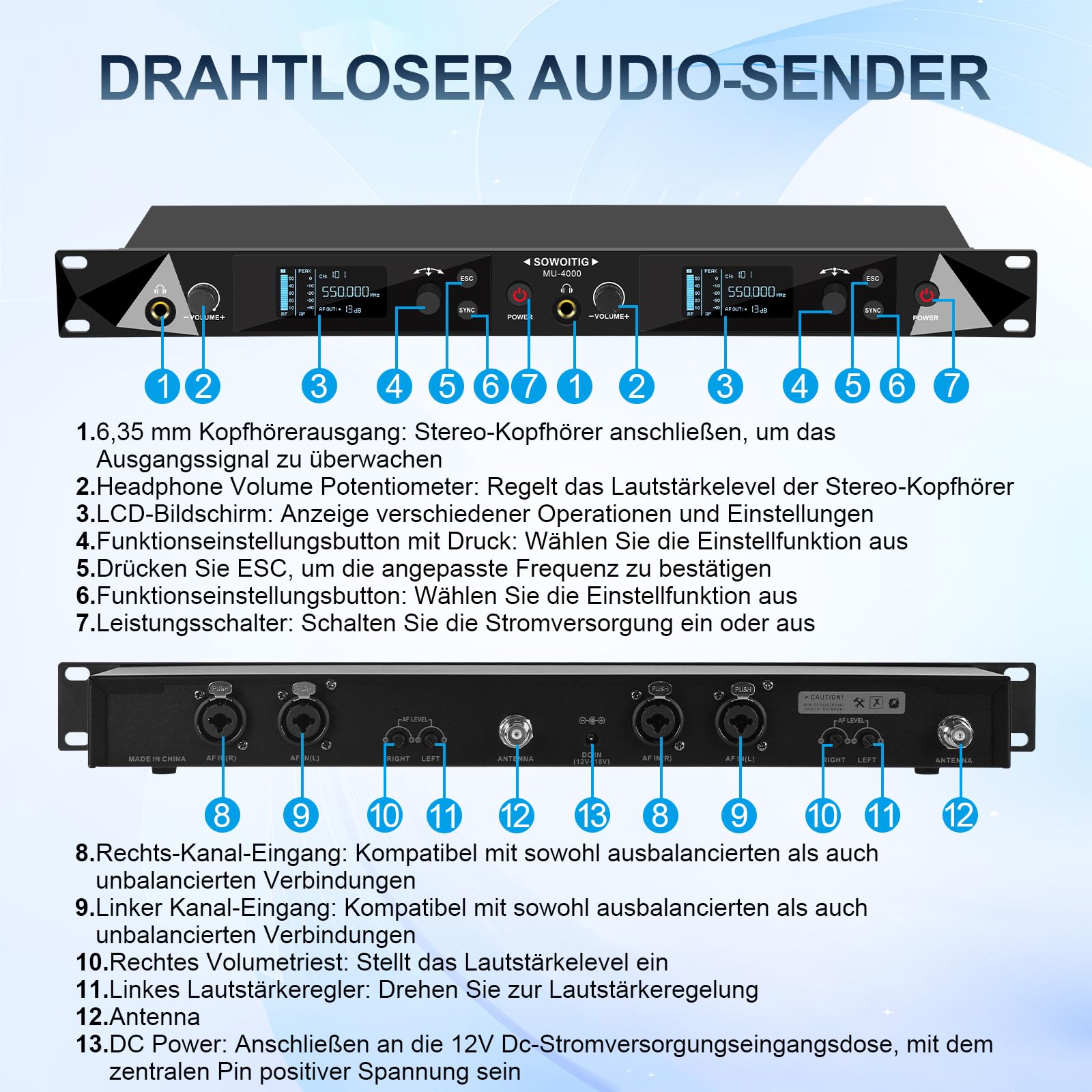 Drahtloses In-Ear-Monitoring-System, 2-Kanal UHF Mono IEM mit 4 Bodypacks | Metall-Rack-Sender, 2 × 40 Frequenzen, Reichweite bis 100 m, für Sänger, Bands, Studio und Bühne