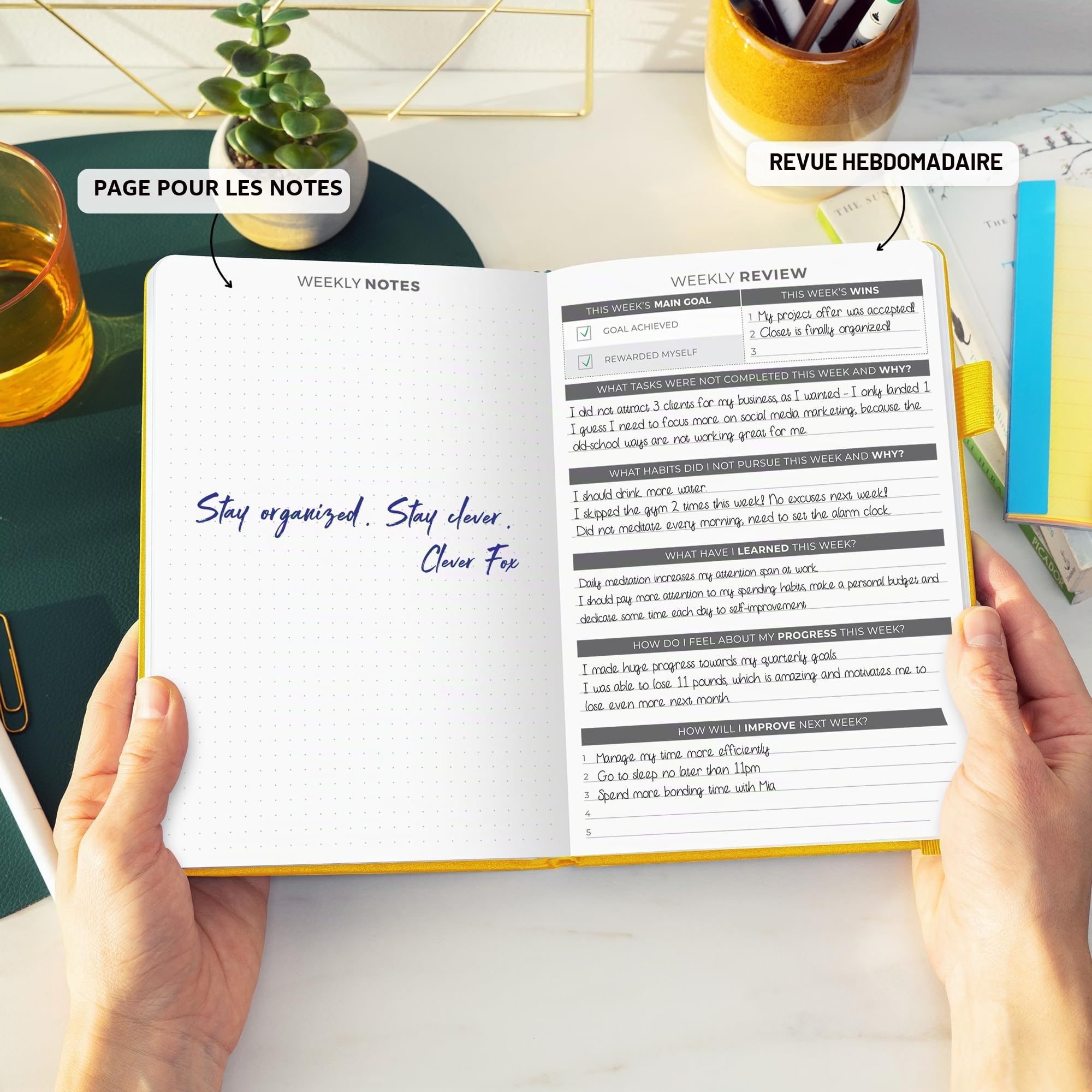 Agenda quotidien Clever Fox - Le meilleur agenda et calendrier quotidien pour stimuler la productivité, le bonheur et atteindre vos objectifs - Organisateur - A5, non daté - Jaune Ambré