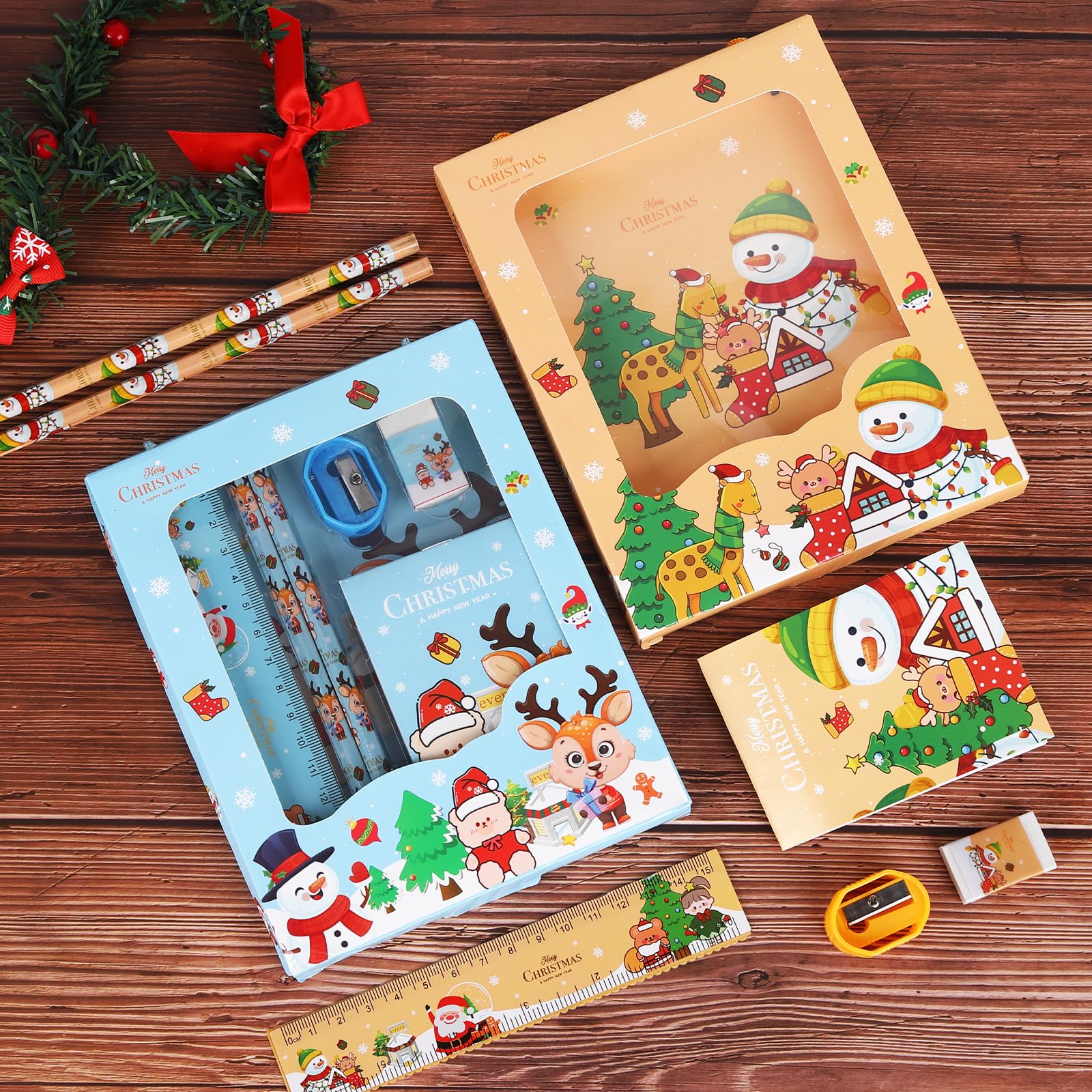 Set Cancelleria Natalizia Per Bambini - 2 Confezioni Regalo - Con Matite, Quaderno, Righello, Gomma E Temperino