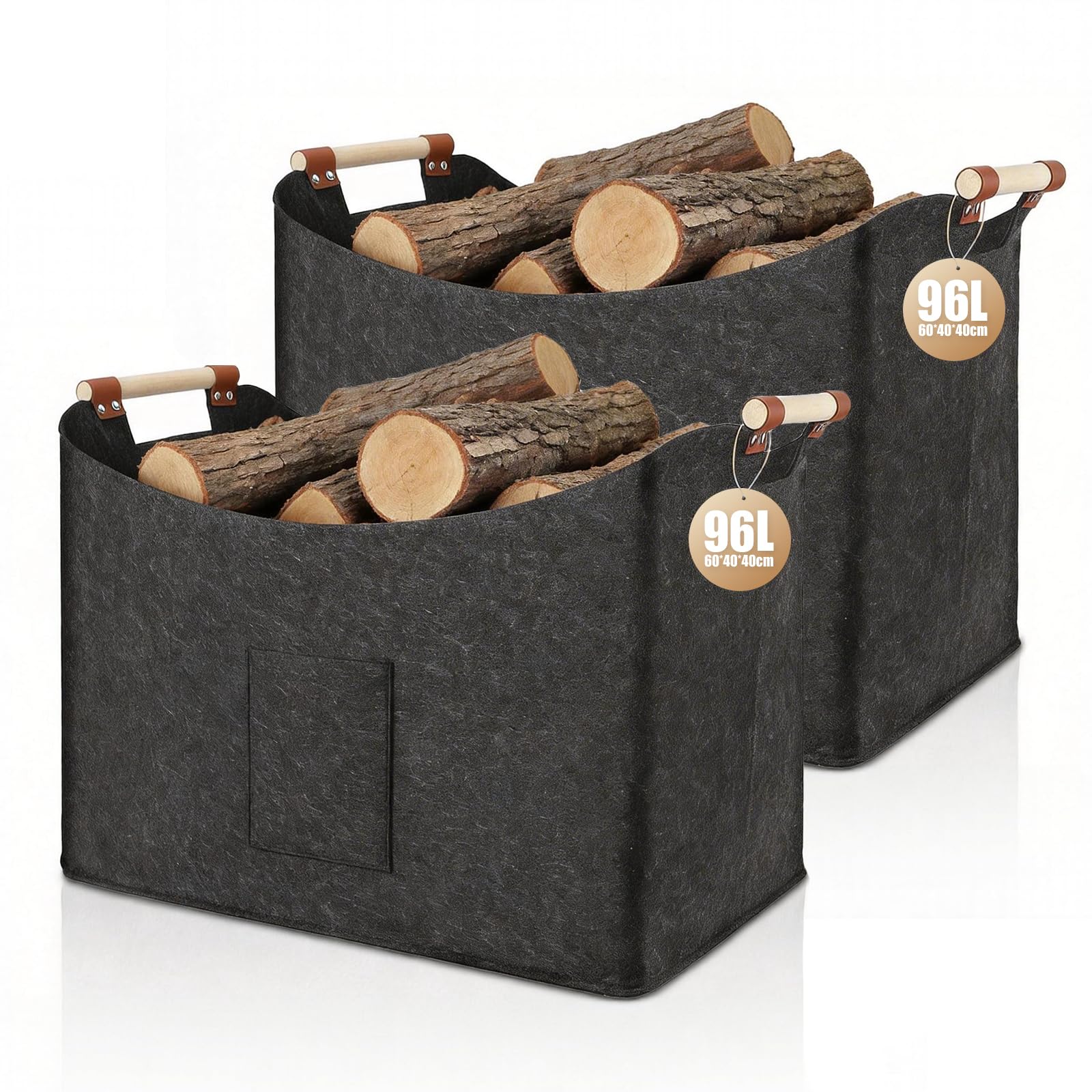 Felt Firewood Basket 96L Foldable,Log Basket for Wood Burner Indoor, Firewood Basket Indoor, Extra Thick Felt, Wood Basket for Firewood, Reinforced Handle, for Shopping, Firewood or Newspaper - 2PACK