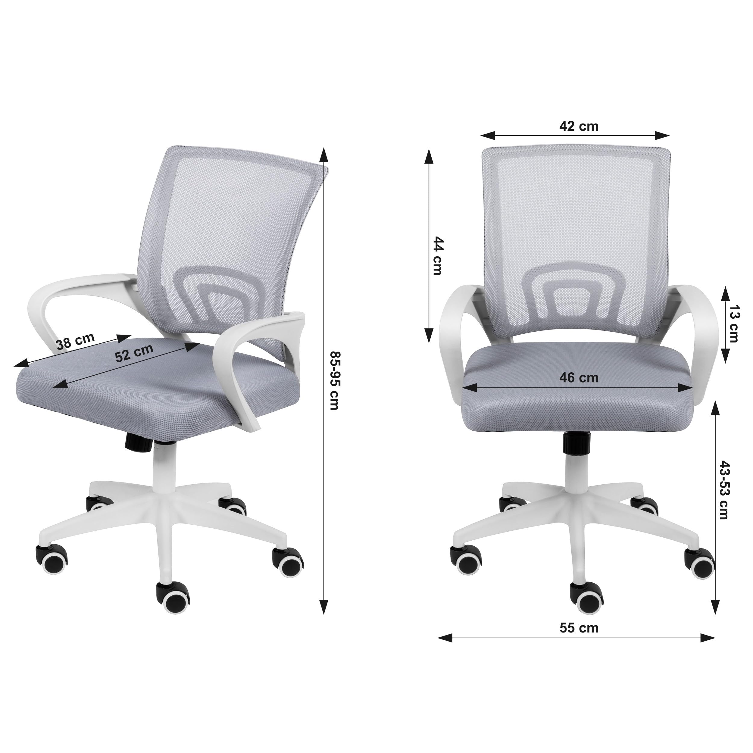 młodzieżowe krzesło biurowe z szarą siatką | regulacja wysokości | ergonomiczne krzesło do biurka z regulowanymi podłokietnikami | oddychające oparcie | ciche gumowe kółka | nowoczesne wzornictwo