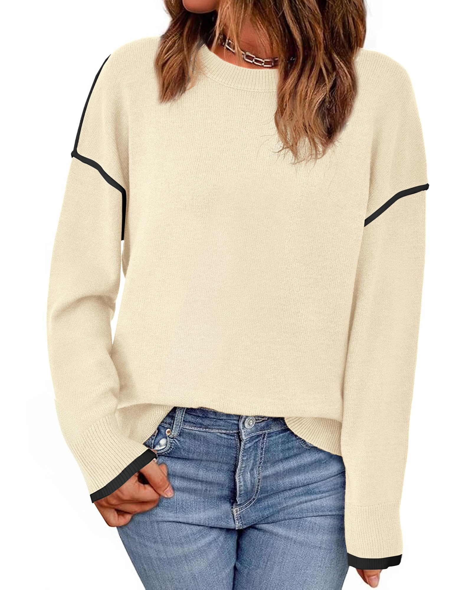 BTFBM Fall Sweaters for Women 2025 Trendy Casual Crew Neck Long Sleeve Loose Ribbed Knit Sweater Pullover Jumper