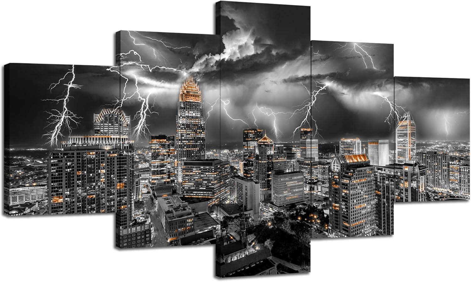 Cawpom Charlotte Skyline Wall Art Charlotte Wall Decor Black and White City Picture North Carolina Canvas Print Lightning Storm Painting Poster Frame Home Living Room Decoration(60x32 inches)