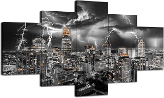 Cawpom Charlotte Wall Decor Charlotte City Skyline Wall Art Black and White Pictures Lightning Storm Canvas Print North Carolina Painting Poster Frame Home Living Room Decoration(60x32 inches)