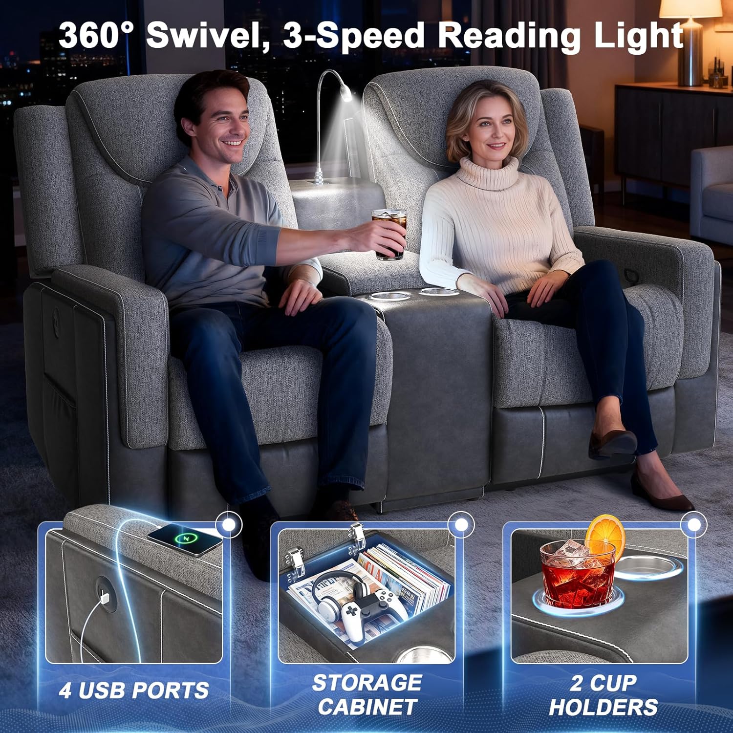 Manual Loveseat Recliner Sofa, Home Theater Seating with Touch Reading Light, Console with Cup Holders & Storage, USB Ports, 2 Seater Reclining Couch for Living Room, RV, Home Theater