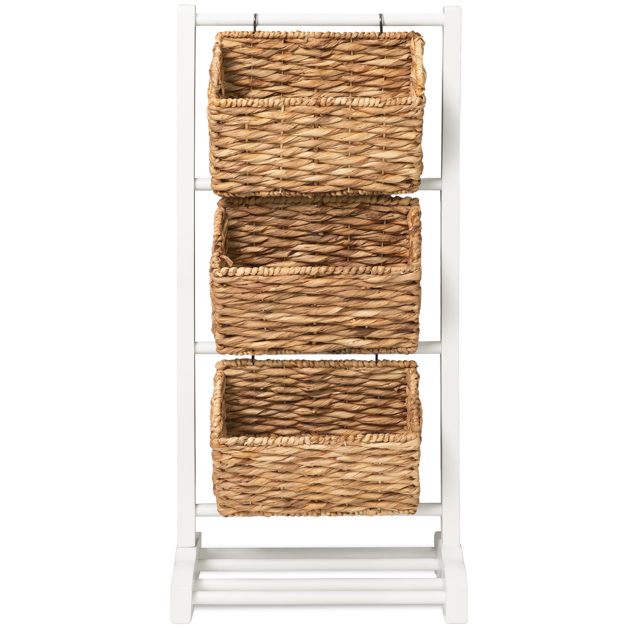 HOMESTEAD 3-Tier Wooden Shelf with Water Hyacinth Woven Baskets – Rattan Shelf Basket, Boho Room Decor, Wooden Book Shelf, Bathroom Storage Shelves,