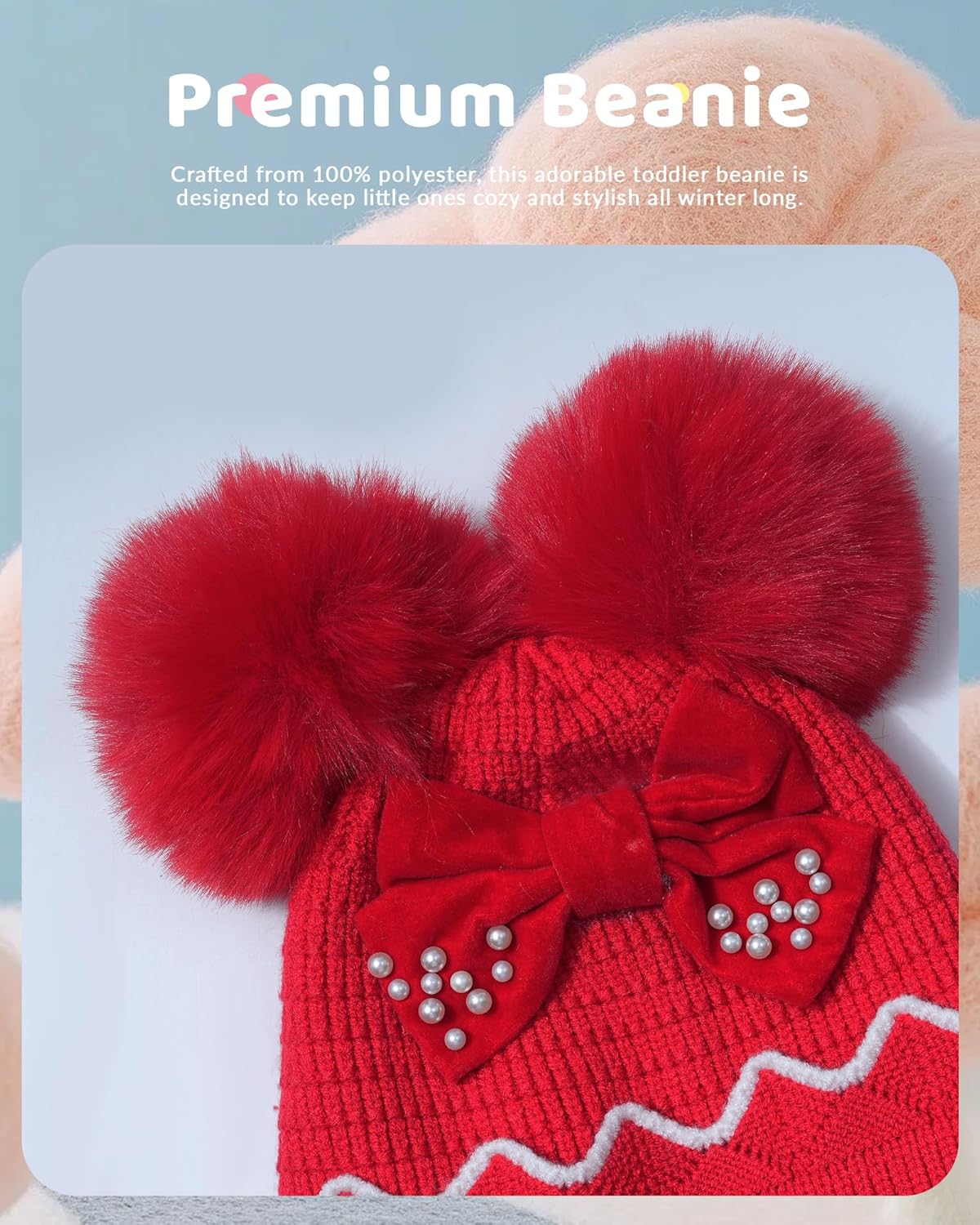 Mesovor Cute Bow Winter Beanie Hat for Baby Girls, Double Pom Pom Toddler Beanies | Kids Warm Knitted Cuffed Cap - Image 2