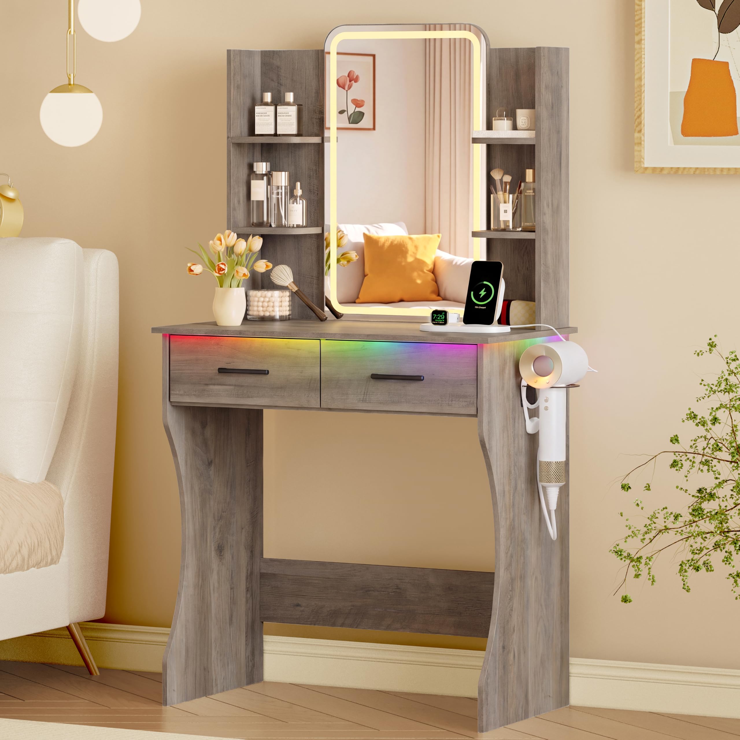Xixini Vanity Desk with LED Lights Mirror &amp; Power Outlet, Small Makeup Vanity Table Set with Storage Drawers, 3 Lighting Modes &amp; Adjustable Brightness, Dressing Table for Women Girls Bedroom, Grey