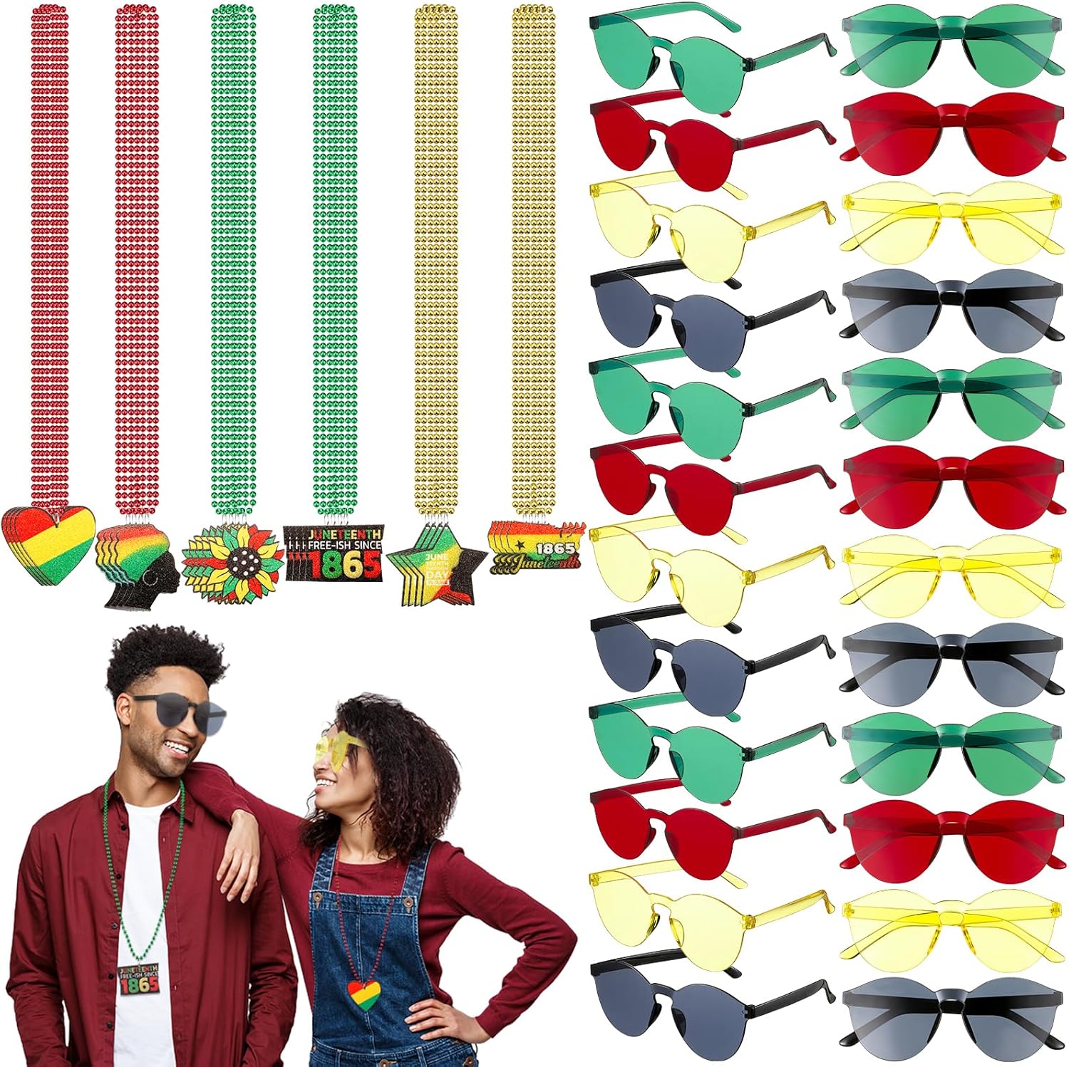 48 Pcs Juneteenth Party Favors Set Includes 24 Red Yellow Green June 19th Beads Necklaces 24 Rimless Round Eyeglass Sunglasses for Afro American Independence Day Accessories Party Supplies