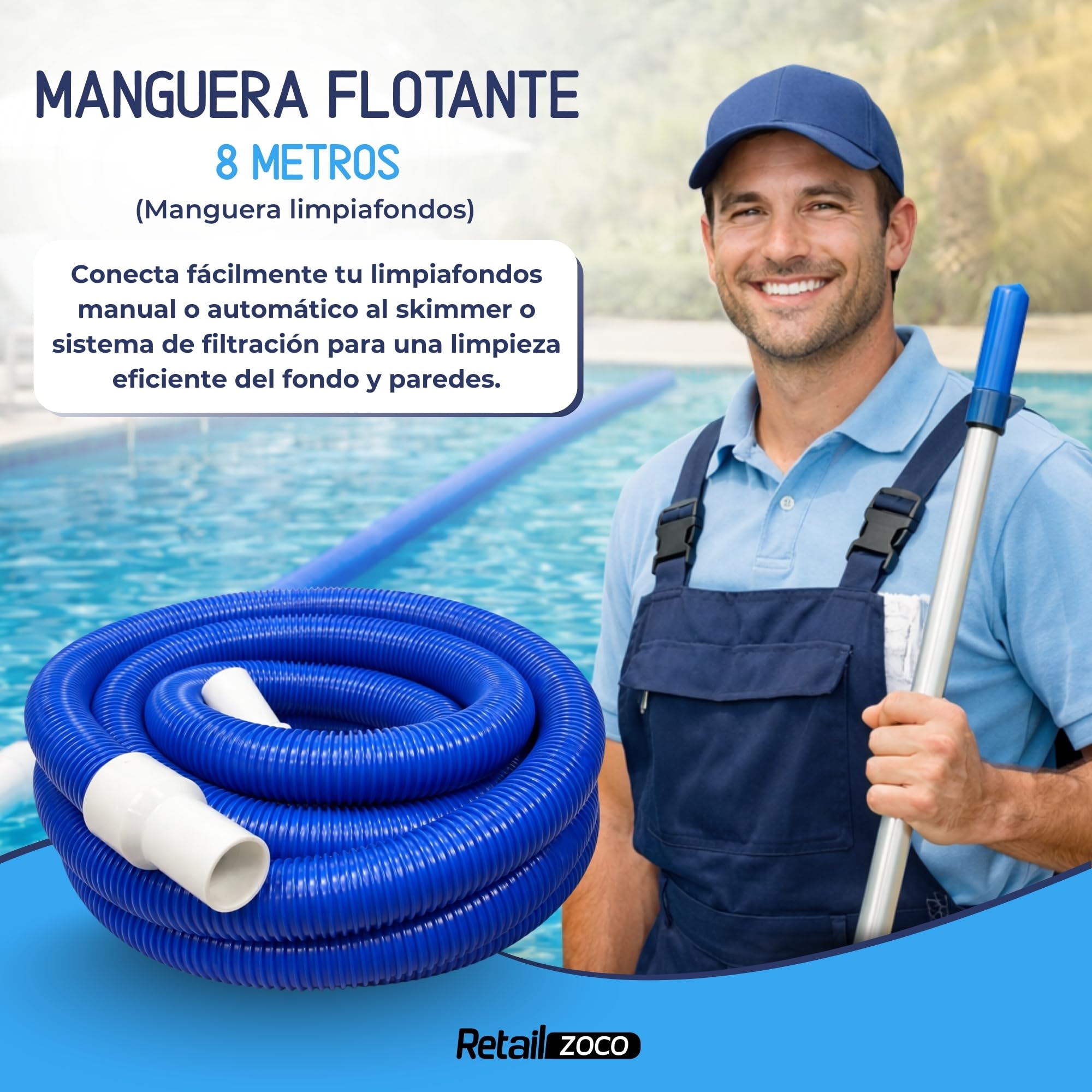 Manguera flotante de piscina, Manguera limpiafondos, Manguera Piscina, Resistente a los rayos UV, Apto para todo tipo de piscinas, Diámetro ø de 38 mm, Longitud 8 Metros