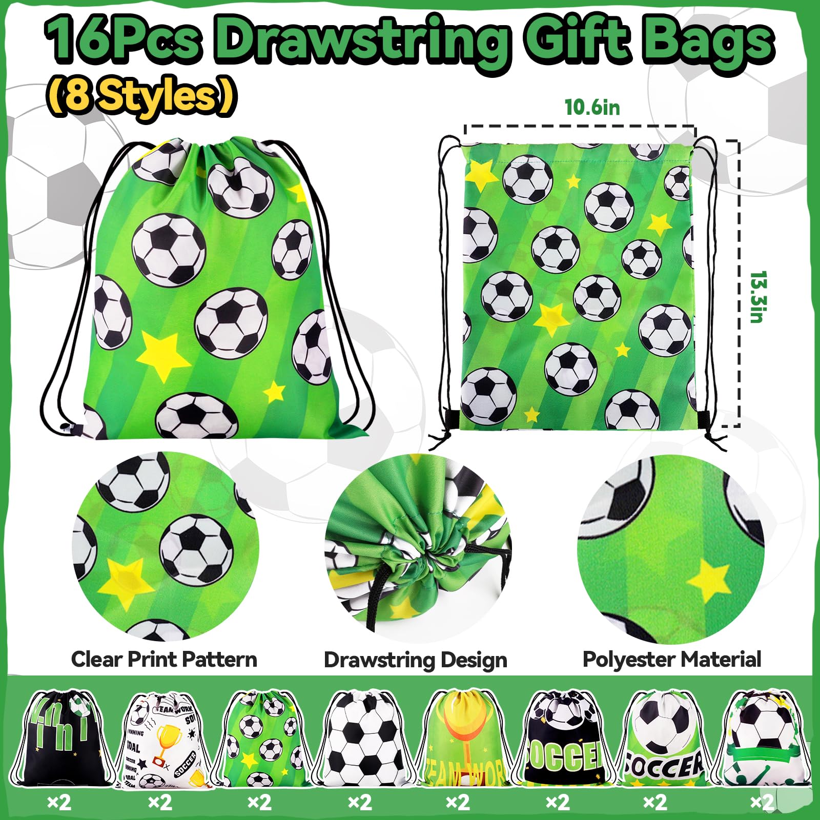 Miucat 98Pcs Soccer Party Favors, Soccer Drawstring Bags with Silicone Bracelet Soccer Whistles Stickers Soccer Goodie Bags for Soccer Party Decorations Party Supplies