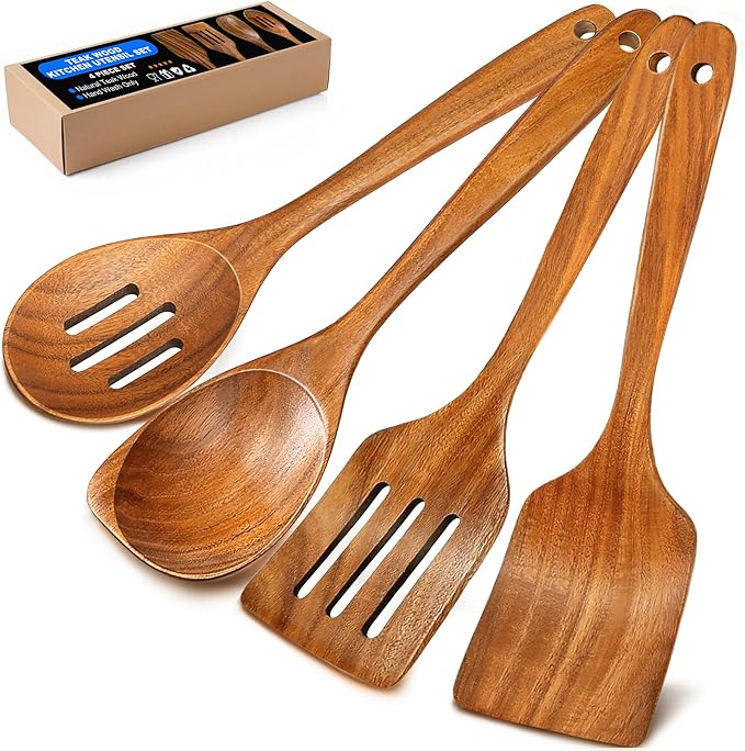 Wooden Spoons for Cooking, 4 Piece Natural Premium Teak Wooden Cooking Utensils Set, Heat Resistant Large Kitchen Wooden Spoons and Wooden Spatula for Nonstick Cookware Cooking Gifts