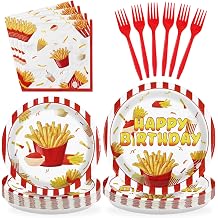 96 Pcs French Fries Birthday Party Supplies Fast Food Party Plates and Napkins Disposable French Fries Party Decorations Tableware Set for Adults Kids Food Themed Birthday Party Decorations Serves 24