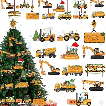 24 PCS Construction Truck Christmas Tree Ornaments Decorations Wooden Xmas Excavator Tractor Hanging Ornaments Christmas Bulldozer Concrete Mixer Truck Forklift Ornament Decor for Christmas Tree Gift