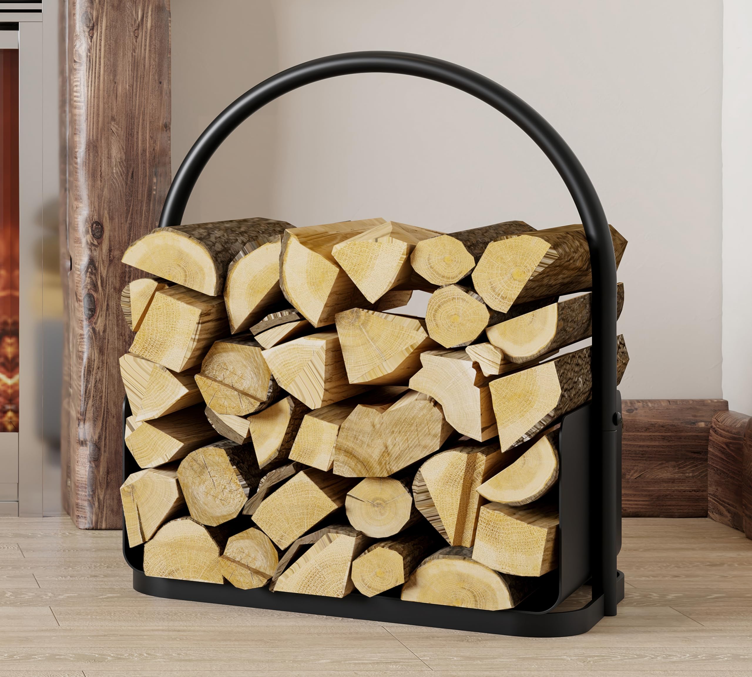 Kingson Panier à bois de cheminée – Porte-bûches en acier à revêtement poudré noir avec poignée et bord surélevé – 42 x 28 x 42 cm – Étagère de rangement de bois pour cheminée intérieure et extérieure