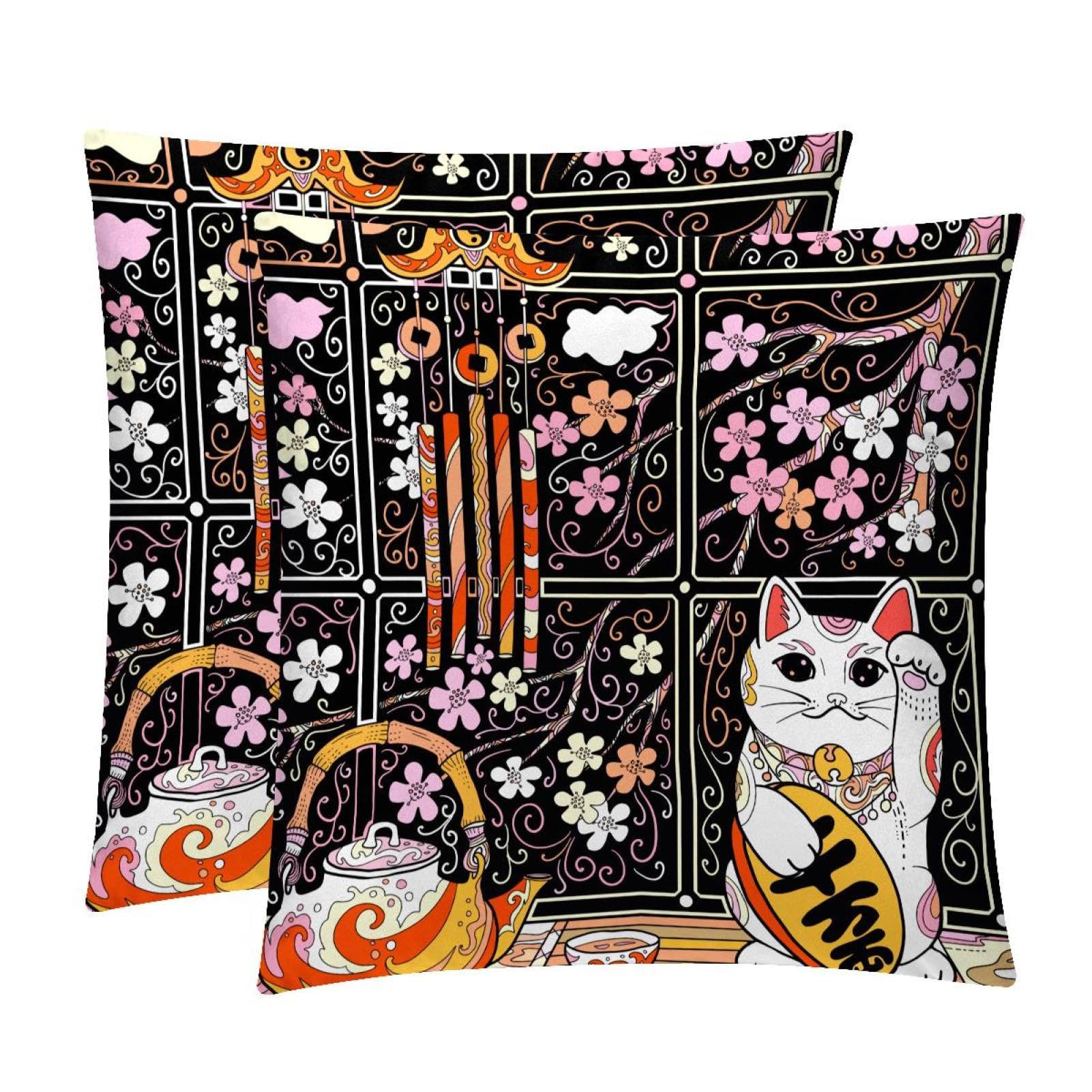 TDGKPZ Lucky Cat Throw Pillow Covers 2 Pack Pillowcases Soft Cozy Pillow Cases For Couch Bed Sofa 50x50cm