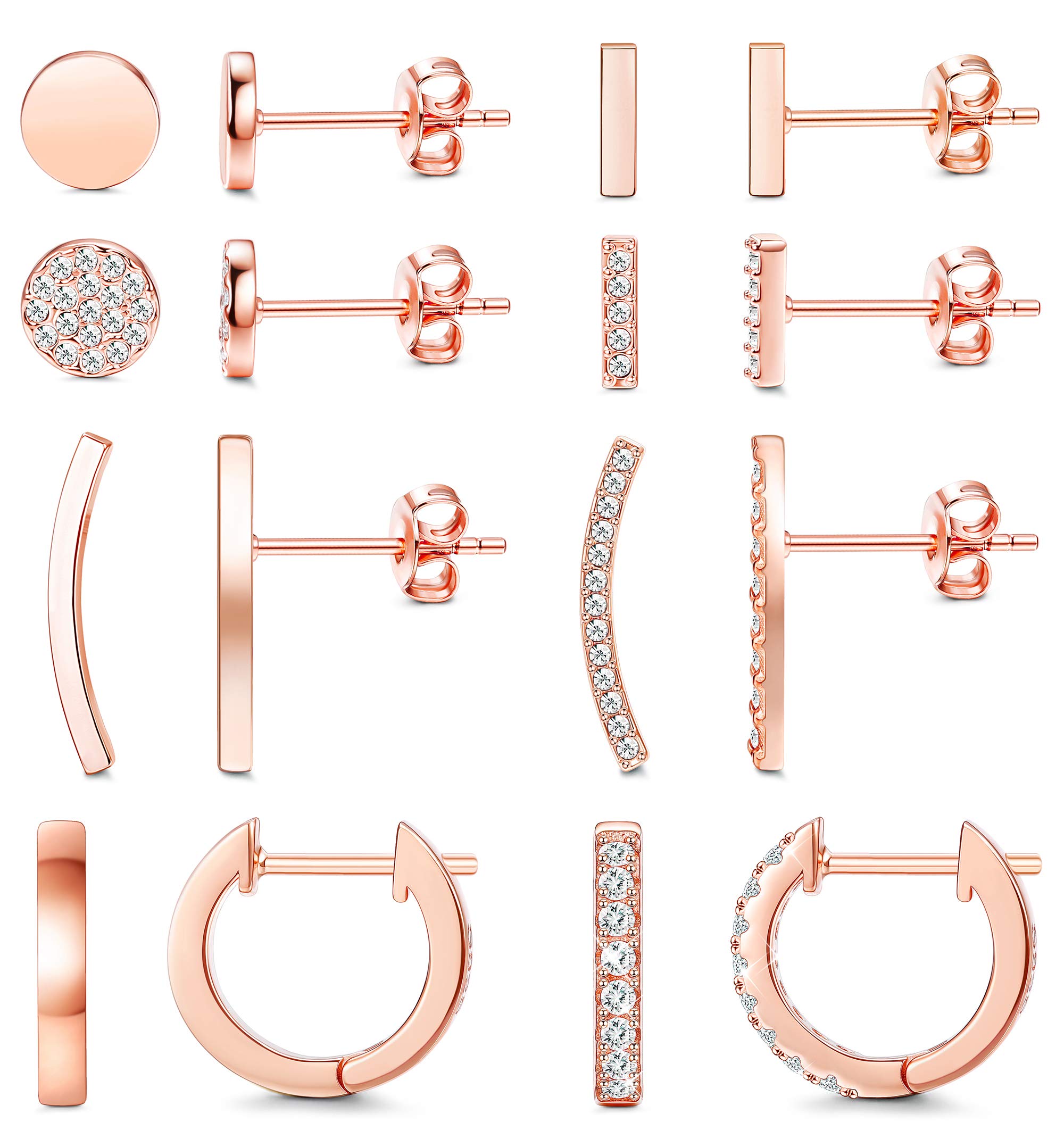 FIBO STEEL8 Pairs Stainless Steel Cute Disc Bar Crawler Stud Earrings for Women CZ Minimalist Cuff Huggie Hoop Earring Set