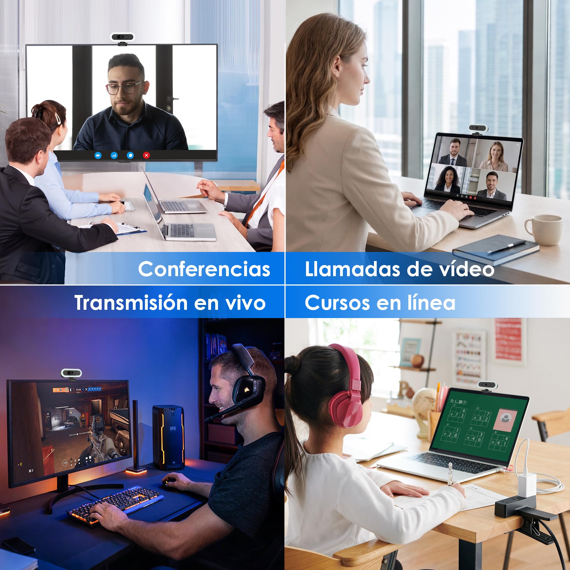 W8LS Webcam 4K 30FPS con Micrófono Anti-Ruido, Luz de Anillo LED, Autofoco, Corrección de Luz, 78°Gran Angular, Tapa Privacidad, Plug & Play, Trípode - comptible Zoom, Teams, OBS y Switch 2