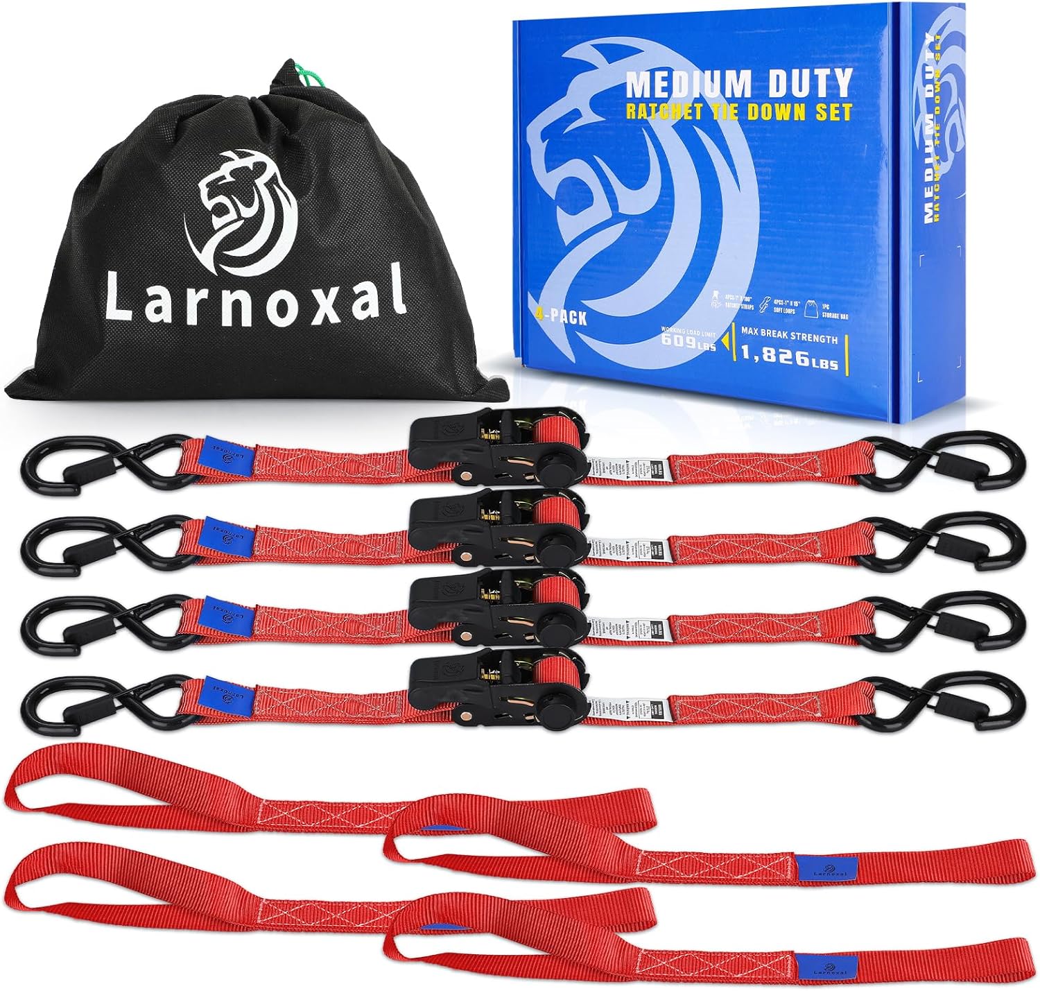 Ratchet Straps 4 Pack - 1,826 Lbs Break Strength 1 in x 15 Ft Medium Duty Ratchet Tie Down Straps with S Hooks Set for Truck, Cargo Van, Trailer, Motorcycle (Red)