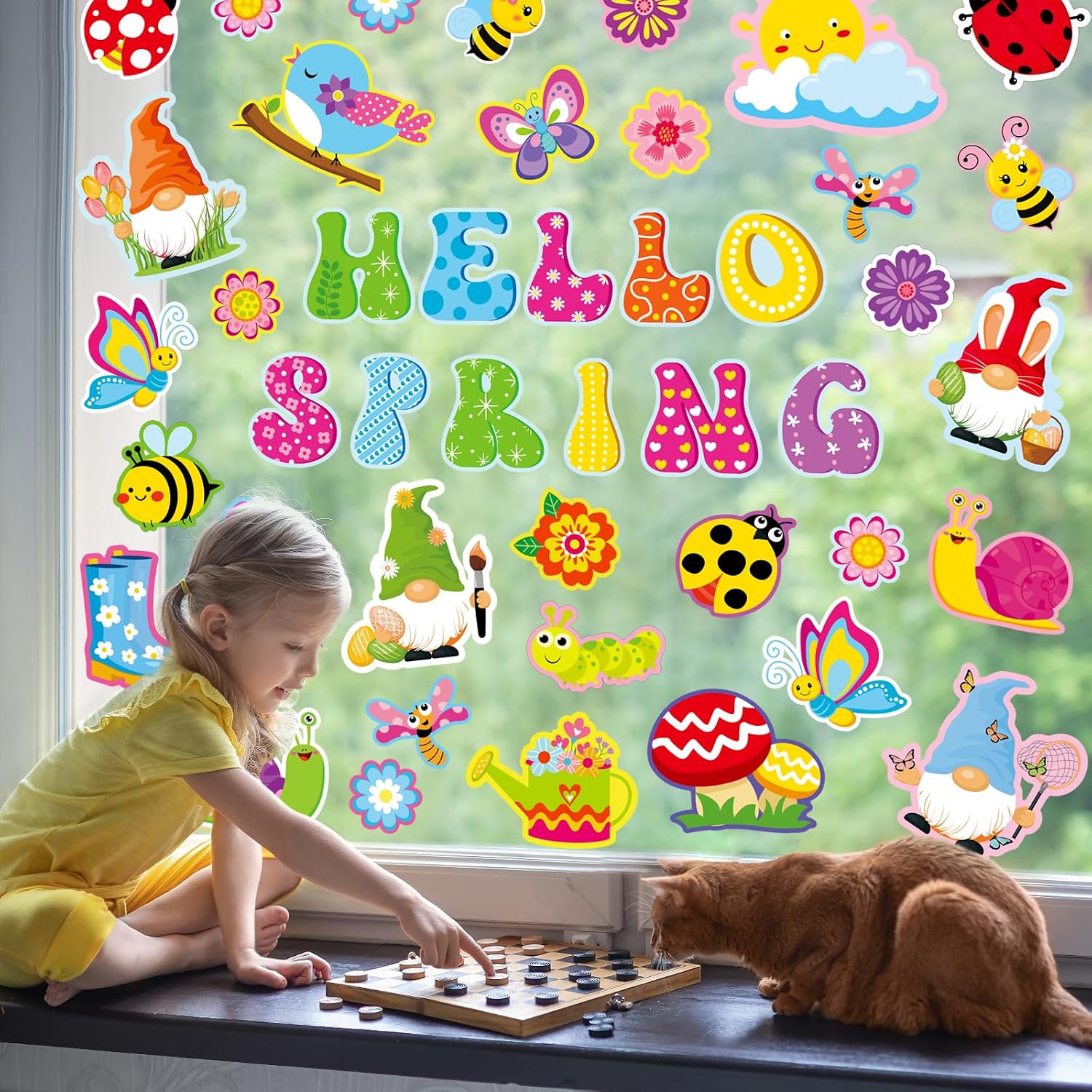 Whaline 9 Sheets Spring Cartoon Window Cling Stickers Colorful Gnome Flower Butterfly Windows Decals Hello Spring Reusable Window Decoration for Party Home Office Classroom image 5