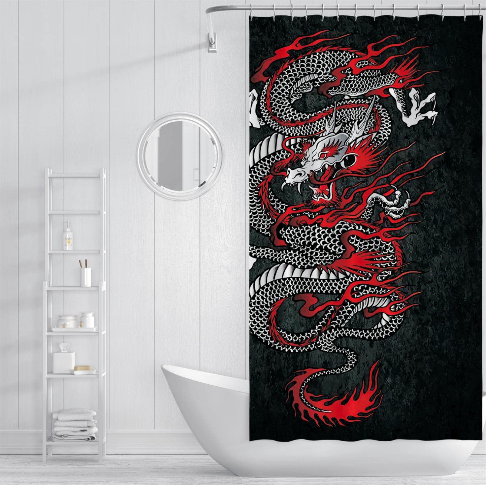 Juego de Cortinas de Ducha Chinas Patrón de dragón Rojo Blanco y Negro Impreso Cortinas de baño Frescas Poliéster Impermeable con Ganchos 180x200 cm