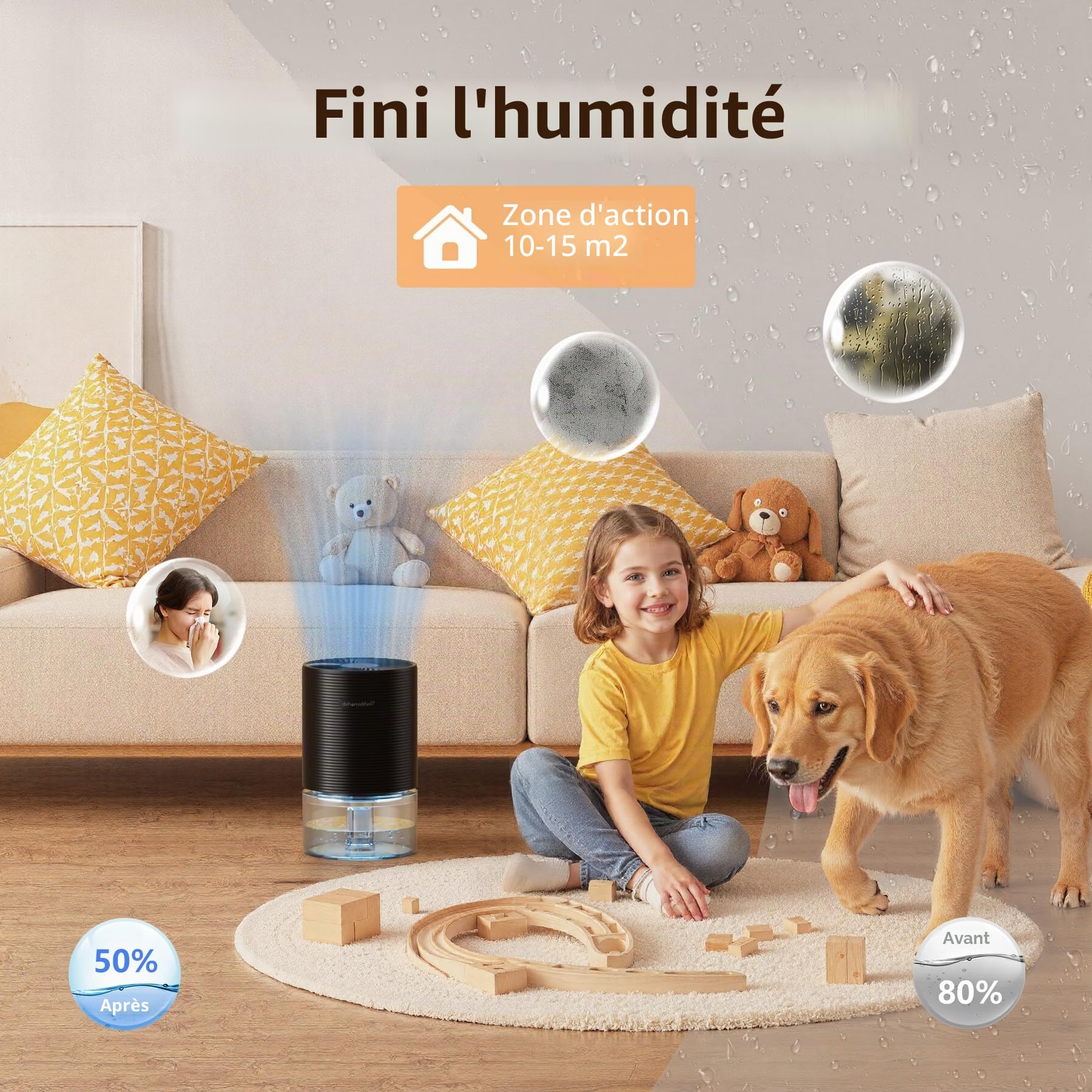 Déshumidificateur Ultra-Silencieux pour Maison, Chambre à Coucher, Salle de Bain, Placard, Caravane et Bureau, avec Arrêt Automatique
