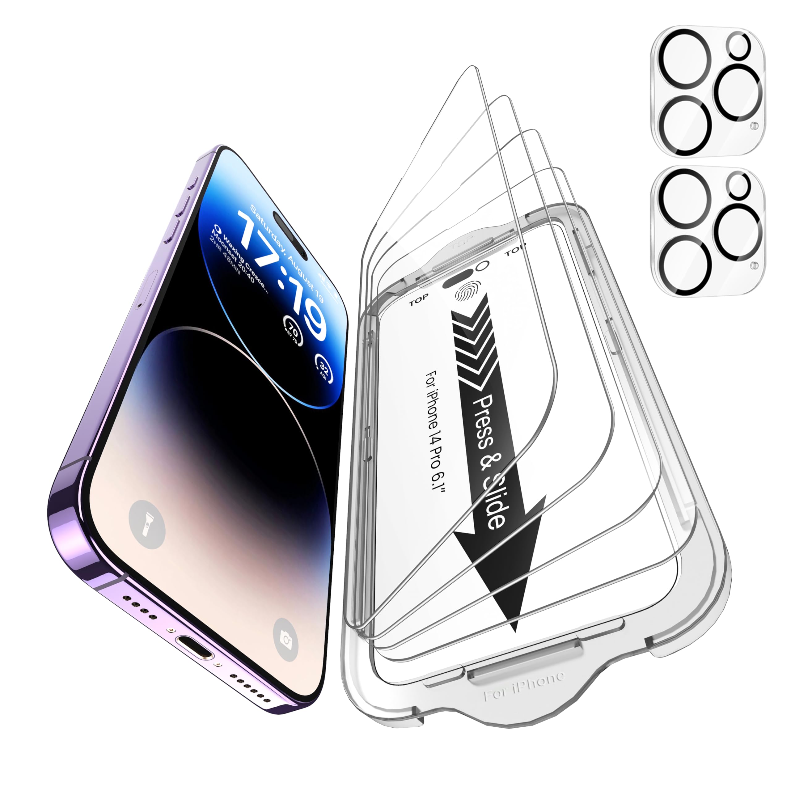 EZ-GLAZ-4 Pack for iPhone 14 Pro Screen Protector[6.1"] With 2 Pack Camera Lens Protector, 9H+ Hardness 12FT Military Grade Shatterproof Scratch Resistant Durable Tempered Glass Film with Flawless Fit Kit, HD Clear