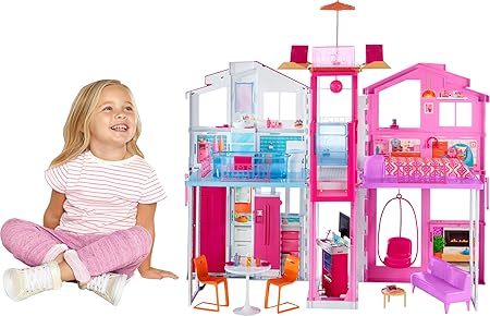 Barbie Doll House Playset, 3-Story Townhouse with 4 Rooms & Rooftop Lounge, Furniture & Accessories Including Swinging Chair (Amazon Exclusive)