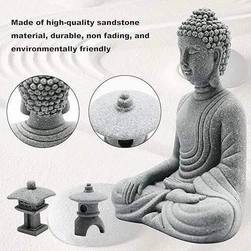 Miniatura 3 de Hoypeyfiy Juego de meditación, accesorios de jardín zen, estatua de Buda sentado y linterna redonda de piedra en forma de arco para decoración del
