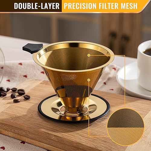 Miniatura 2 de Filtro de café reutilizable de acero inoxidable para verter sobre goteo, colador de café sin papel, cafetera de una sola taza, 1-4 tazas (oro