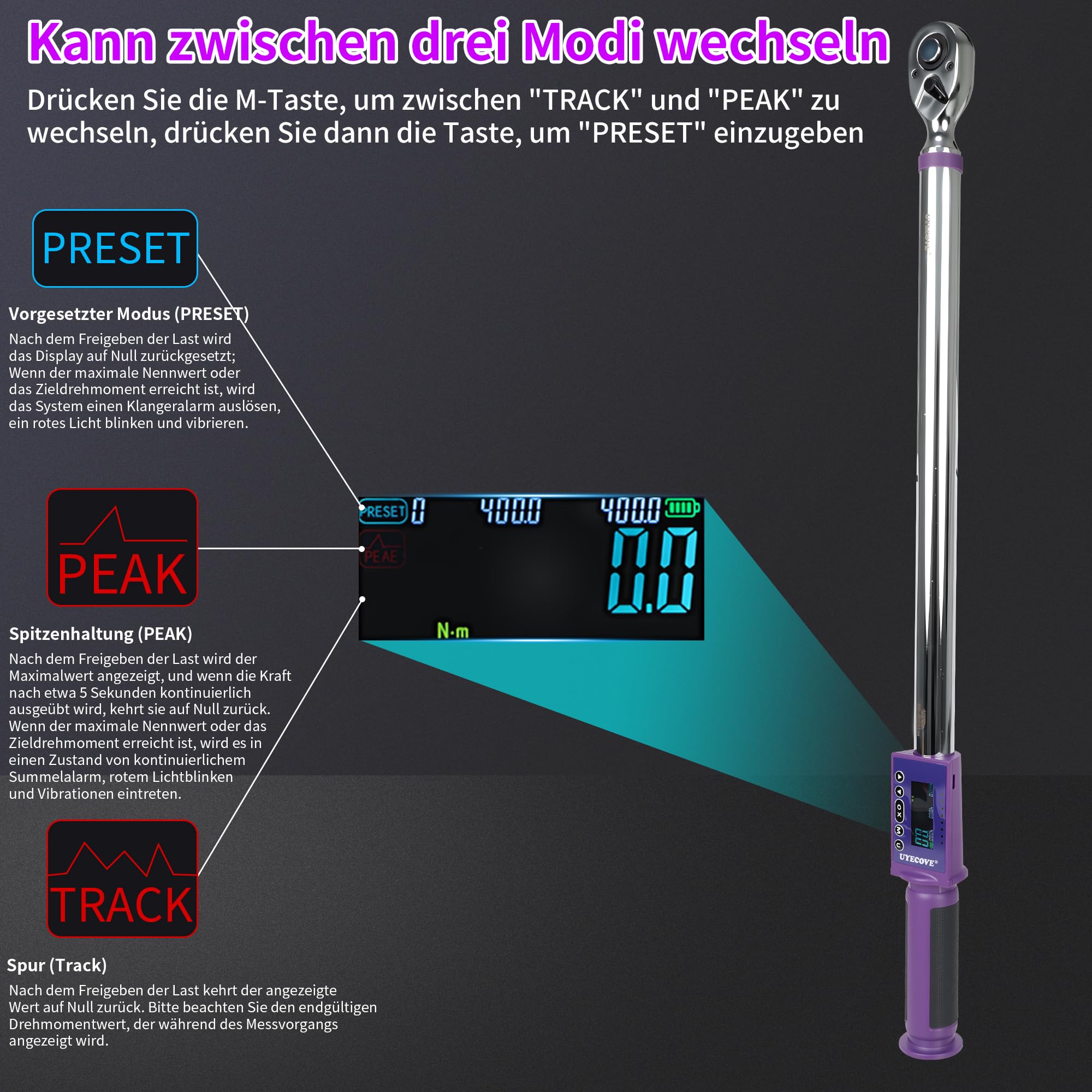 Digitaler Drehmomentschlüssel 1/2 Antrieb, 20-400Nm, ±2% Hohe Genauigkeit Digitaler Drehmomentschlüssel, mit Vibration, Buzzer und LED-Alarm
