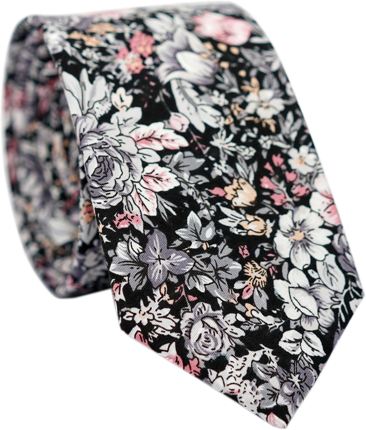 BELLUNO Cotton Floral Tie for Men, Skinny Flower Necktie for Wedding, Party, Activities, Cotton Slim Tie + Gift Box