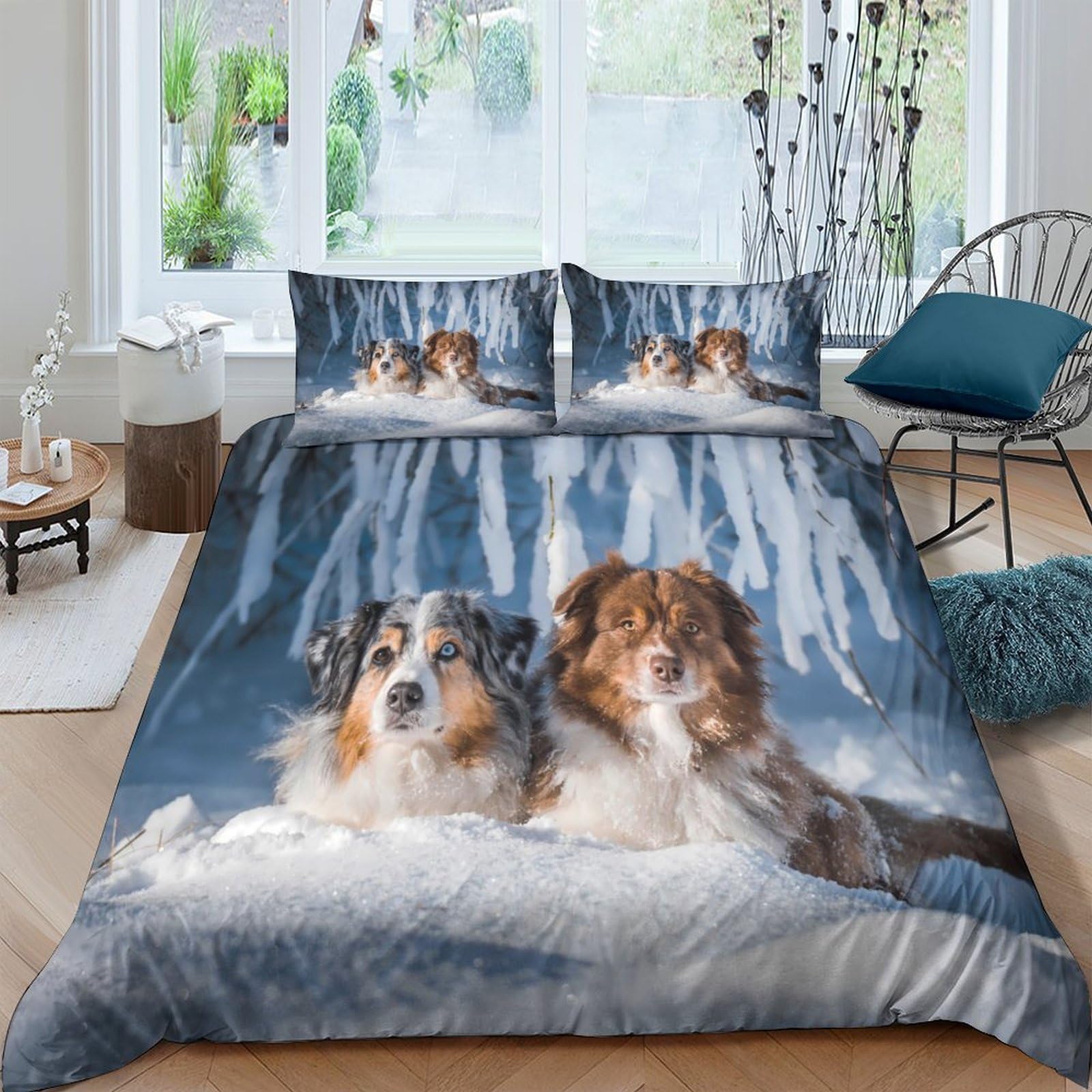 Ctjqhvkz Style-3 3D Printed Australian Shepherd Dog Fitted Sheet Microfiber Soft Blue Forest Mattress Cover For Bedroom Decor Single（135X200cm）
