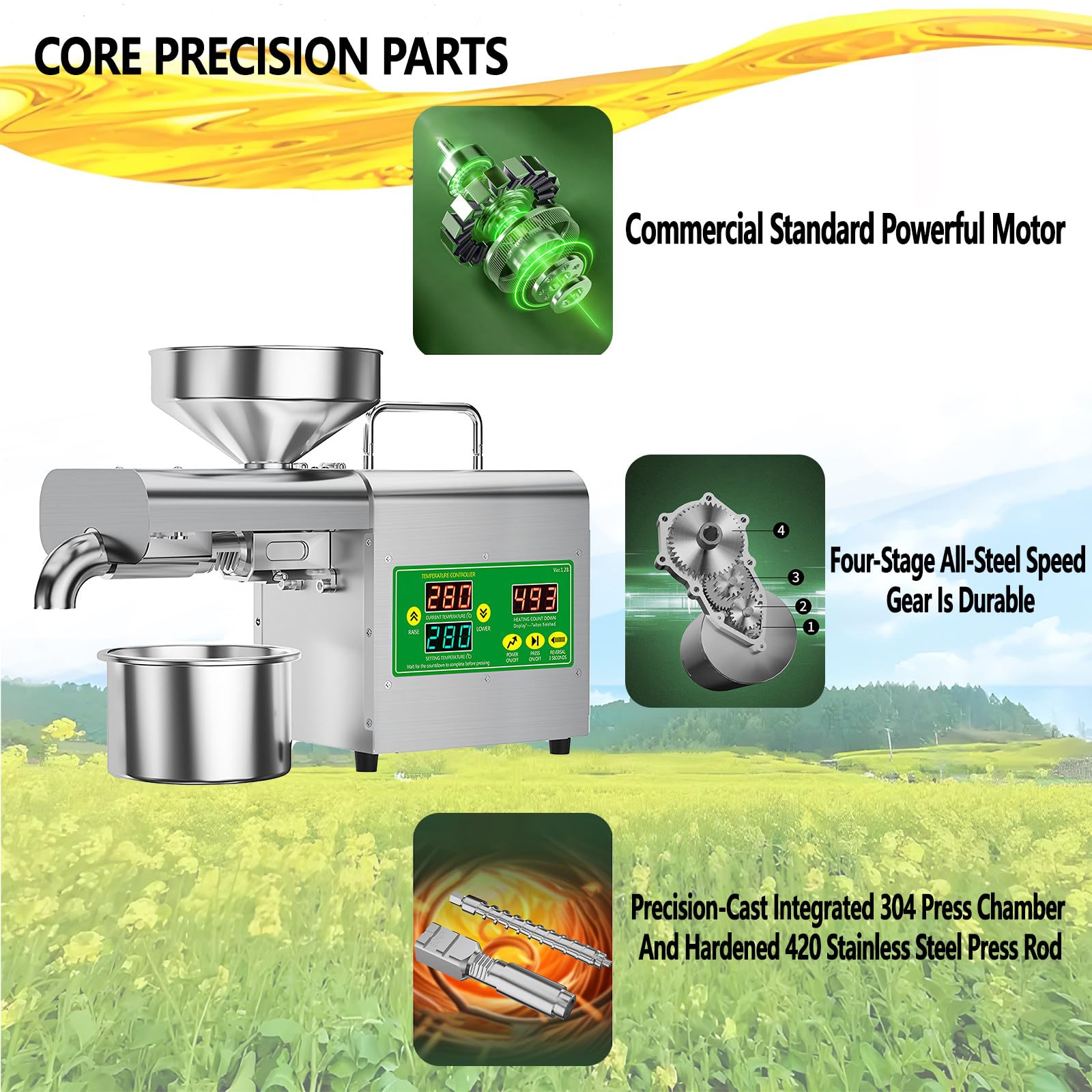 110V/220V, Versatile Spremitore per Olio da 1500W - Doppia Tecnologia di Spremitura a Freddo/Caldo - Estrae Olio da Noci, Semi e Cereali per Utenti Attenti alla Salute (Argento)