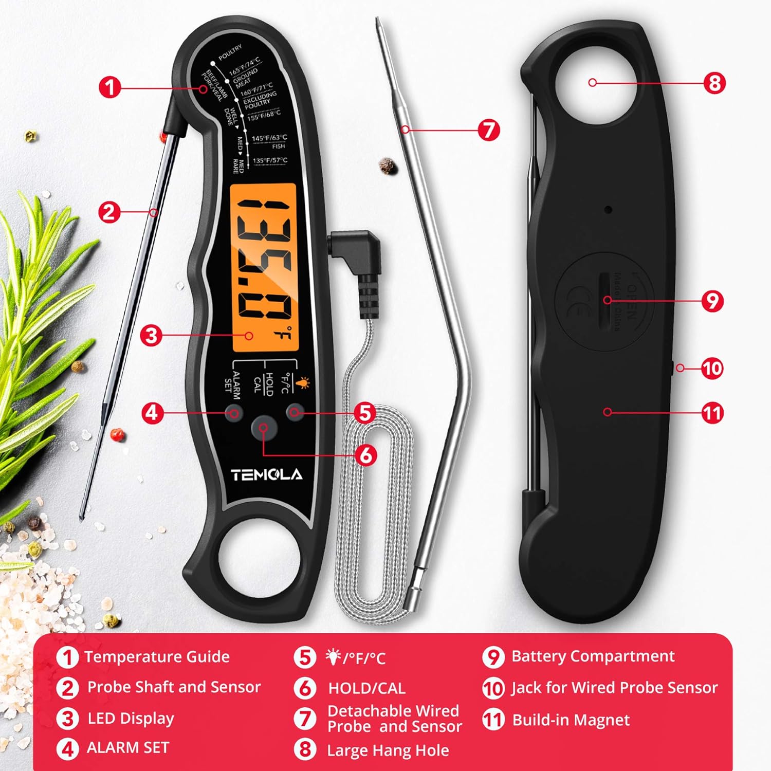 TEMOLA Meat Thermometer, Instant Read Food Thermometer for Cooking, Digital Food Thermometer with LCD Backlight for Candy Fry Grill BBQ Liquids, Kitchen Oven Safe Dual Probe 2 in 1 Thermometer Extra Probe-BK-OG