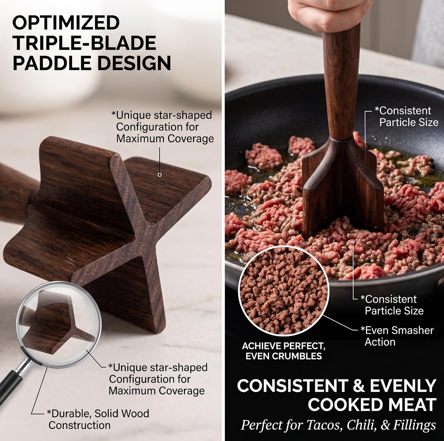 Wooden Ground Beef Masher, Heavy Duty Meat Chopper for Ground Beef, Generic Wooden Meat Chopper Potato Masher for Nonstick Cookware Solid Kitchen Tool for Tacos Chili Sausage(3pcs)