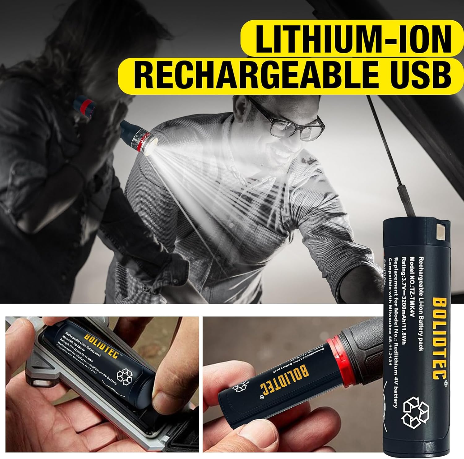 2-Pack 3200mAh Replacement Battery for Milwaukee Headlamp & Flashlight - 3X Faster USB Charge, 20% More Runtime, Compatible with 48-11-2131, 2114-21, 2163-21, 2112-21, 2128-21
