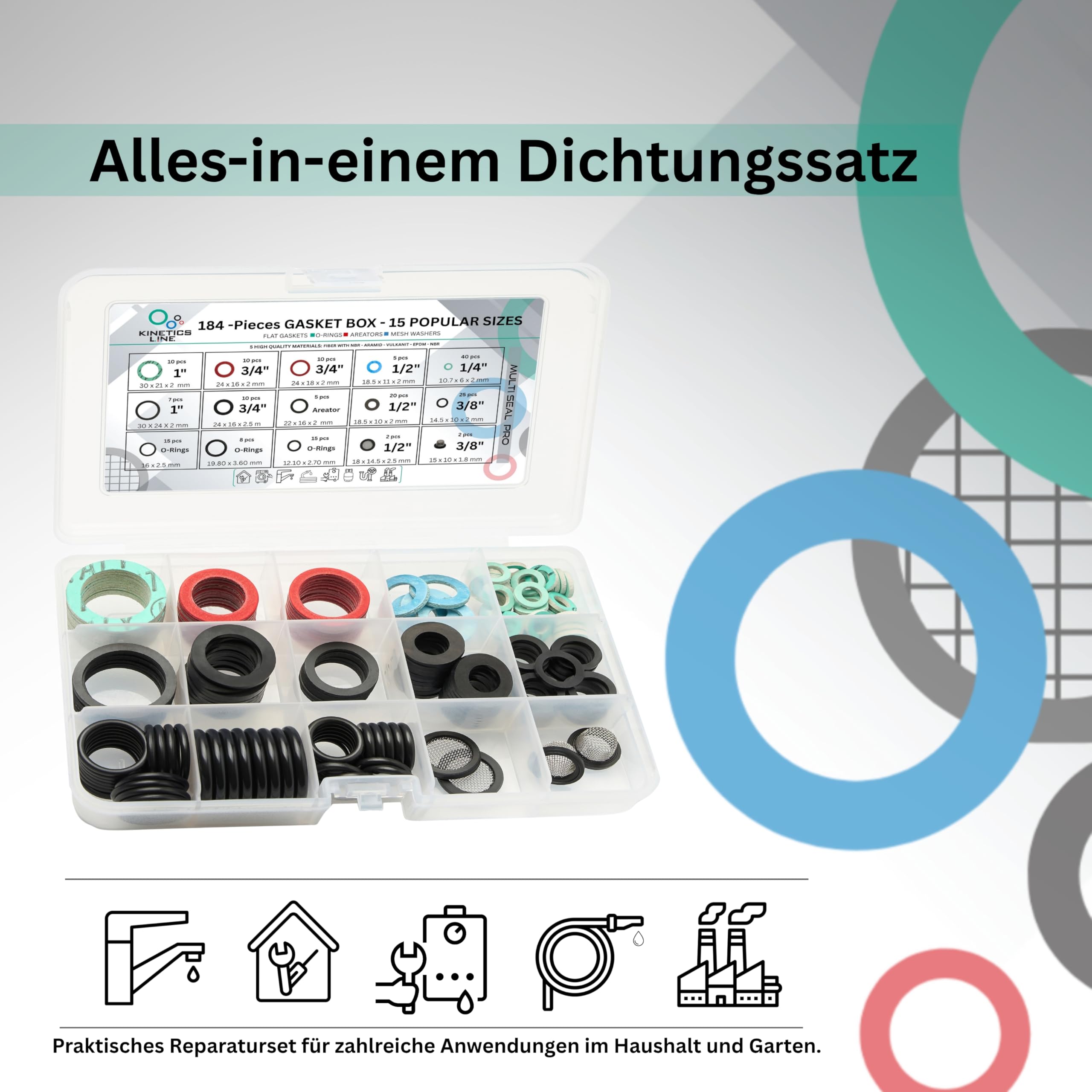 MultiSeal Box – 184-teiliges Dichtungssortiment mit 15 Gängigen Größen für Haushalt, Küche & Bad