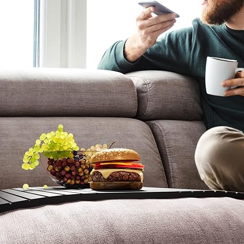 Miniatura 7 de SUYUDSM Bandeja de sofá de bambú para sofás anchos, mesa auxiliar de sillón, soporte para alimentos, bebidas, aperitivos, control remoto, teléfono
