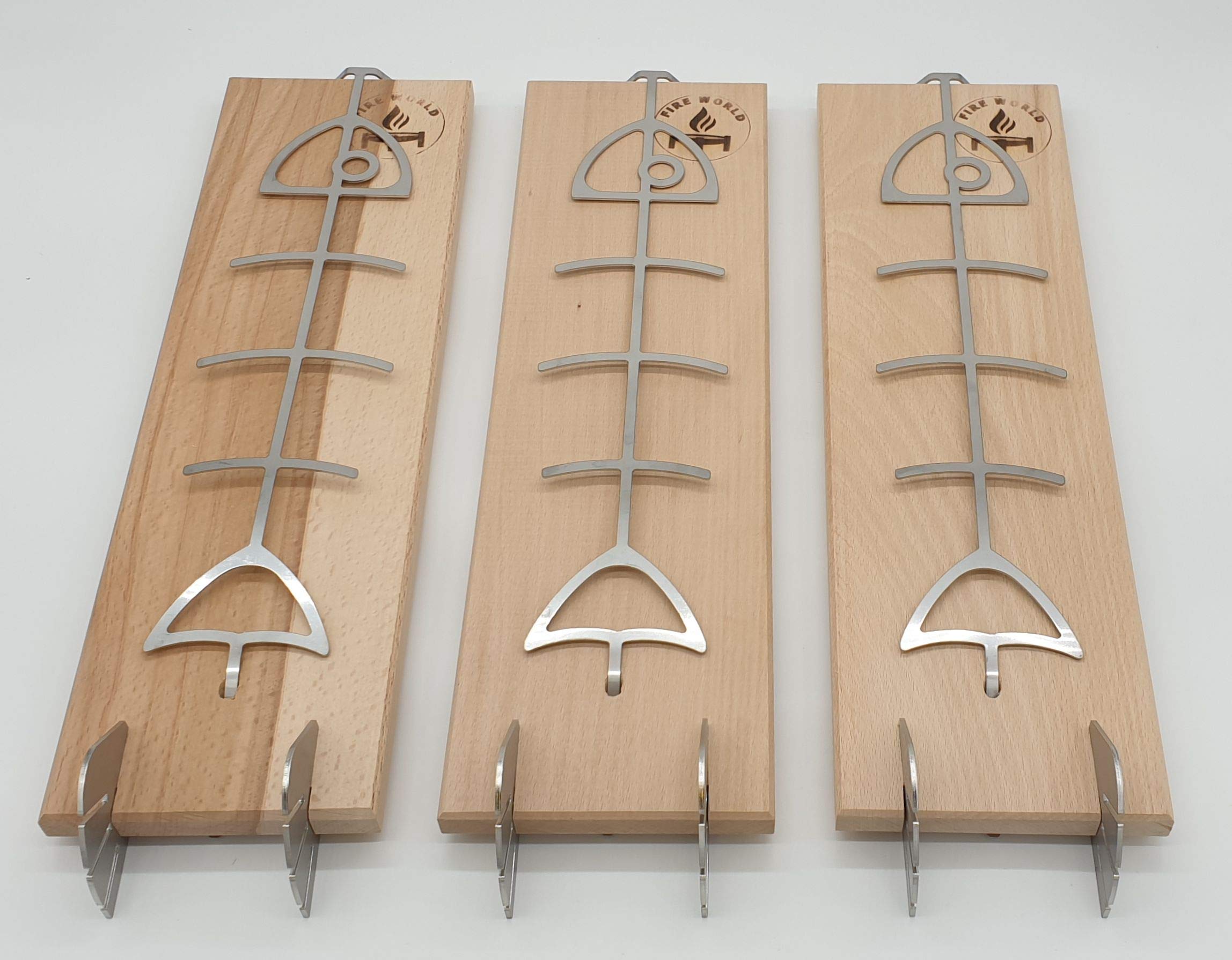 Fire World - Lot de 3 planches à saumon flammé - Planche à saumon flammé avec support en acier inoxydable - Planches à saumon en hêtre - Planche à saumon - Brasero - Planche à fumer - Fabriqué en