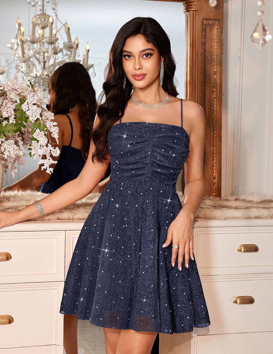 Meetjen Women's Sparkly Cocktail Dress A Line Ruched Tulle Sequin Short Prom Dresses for Teens 2026 Summer Party