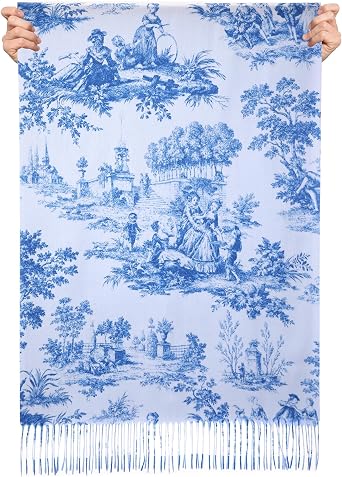 Blue Vintage Toile De Jouy Scarf for Women Blue and White Toile De Jouy Shawl Scarf Gift for Women Girls Book Lovers